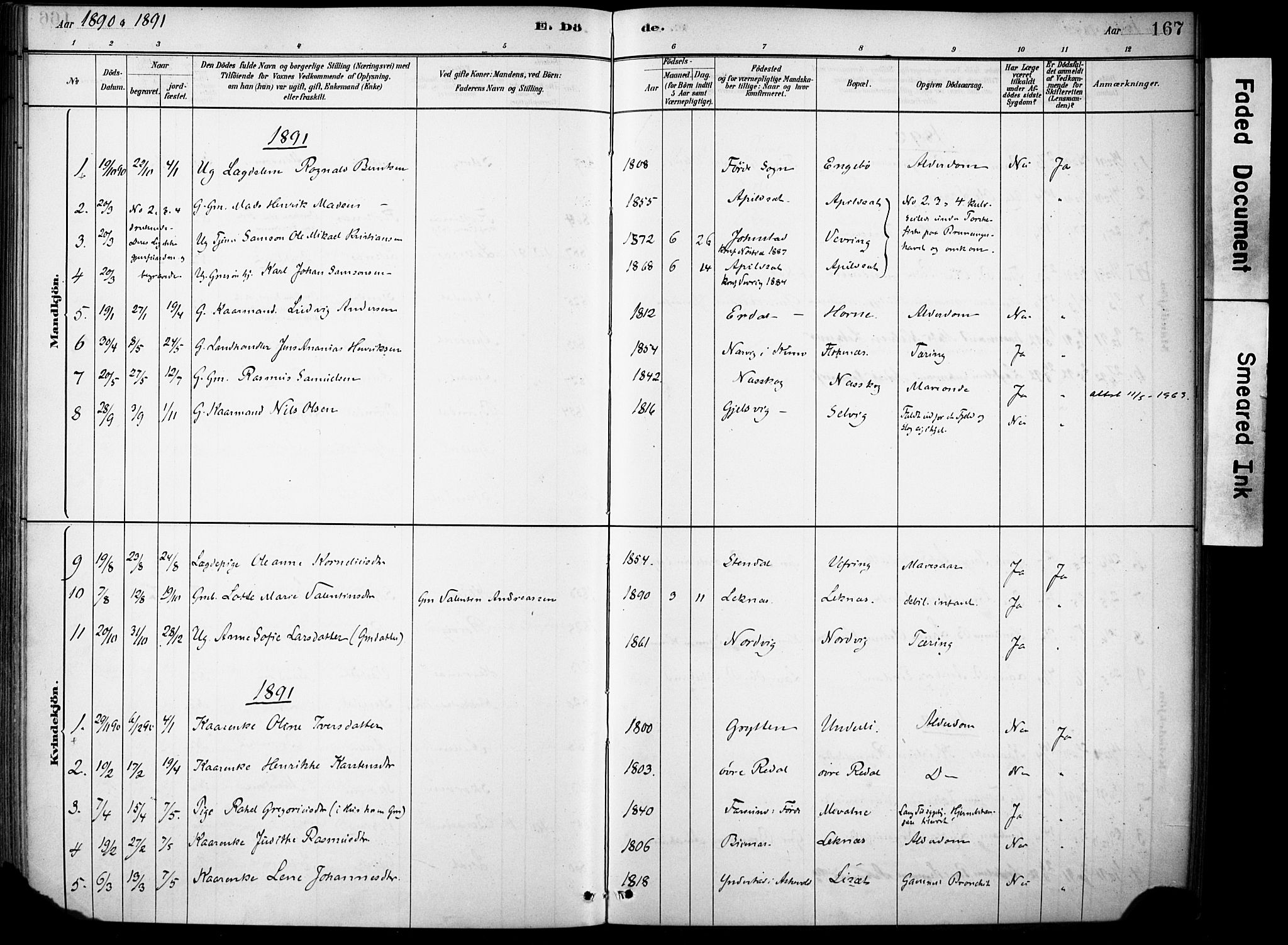 Førde sokneprestembete, AV/SAB-A-79901/H/Haa/Haae/L0001: Parish register (official) no. E 1, 1881-1911, p. 167