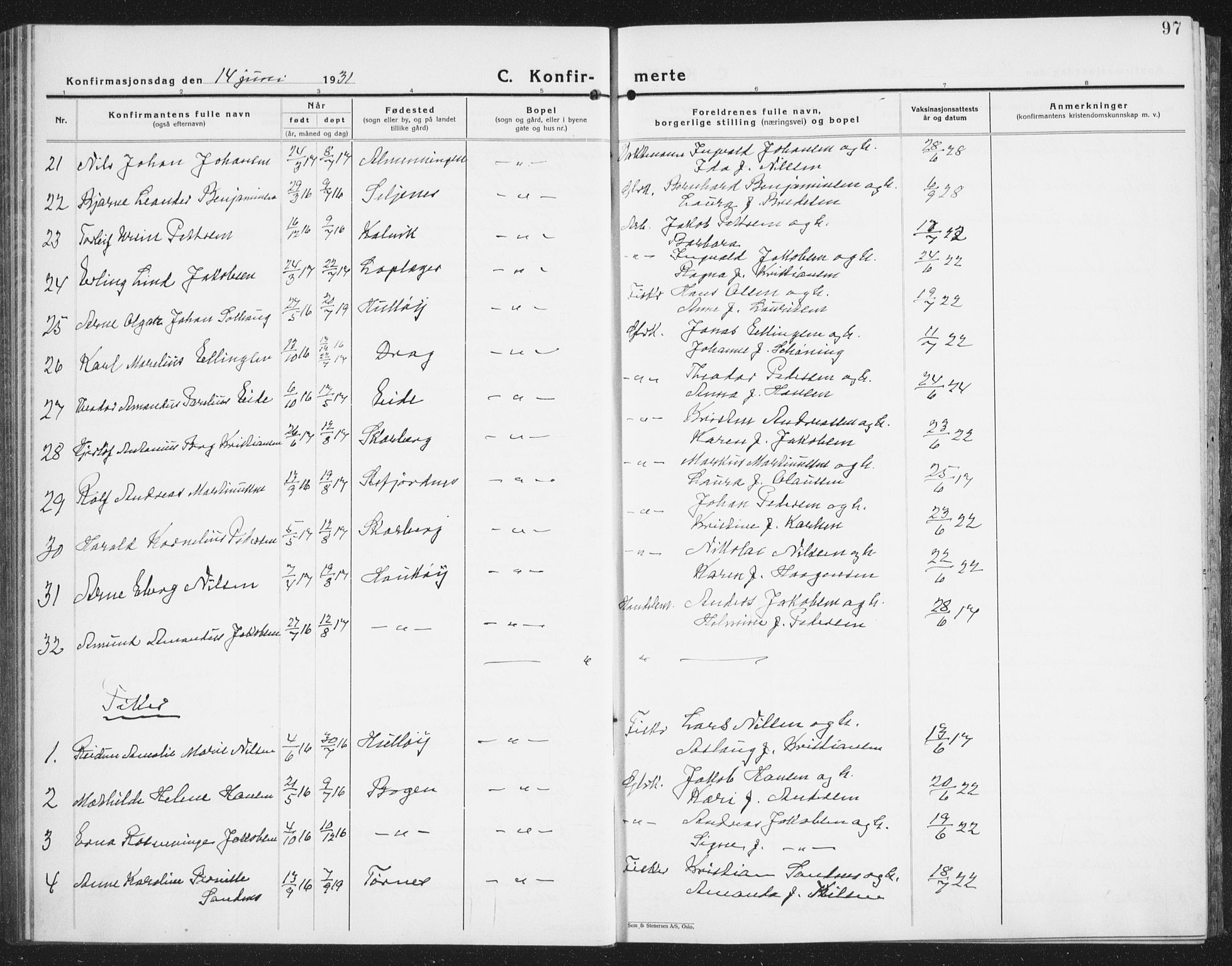 Ministerialprotokoller, klokkerbøker og fødselsregistre - Nordland, SAT/A-1459/861/L0879: Parish register (copy) no. 861C05, 1926-1939, p. 97