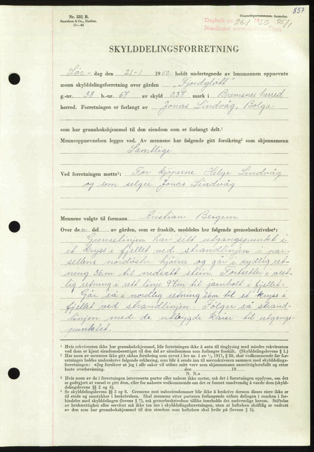 Nordmøre sorenskriveri, AV/SAT-A-4132/1/2/2Ca: Mortgage book no. A113, 1949-1950, Diary no: : 261/1950