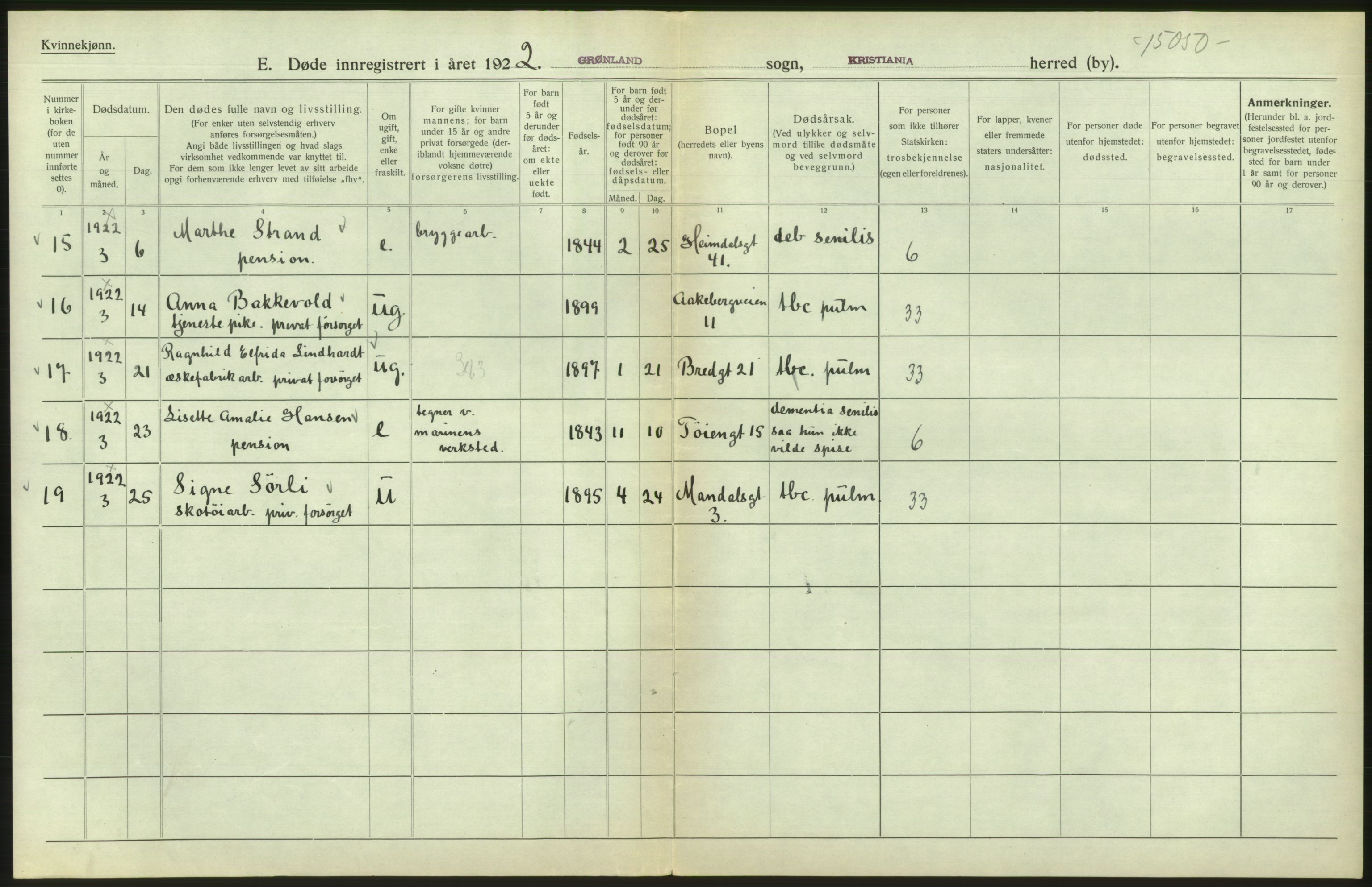 Statistisk sentralbyrå, Sosiodemografiske emner, Befolkning, AV/RA-S-2228/D/Df/Dfc/Dfcb/L0010: Kristiania: Døde, dødfødte, 1922, p. 180