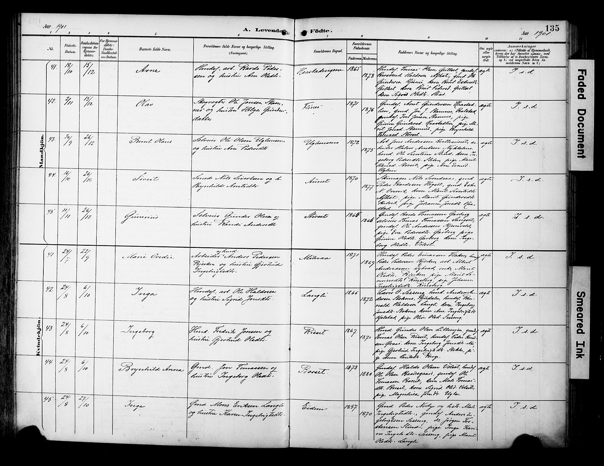 Ministerialprotokoller, klokkerbøker og fødselsregistre - Sør-Trøndelag, AV/SAT-A-1456/695/L1149: Parish register (official) no. 695A09, 1891-1902, p. 135