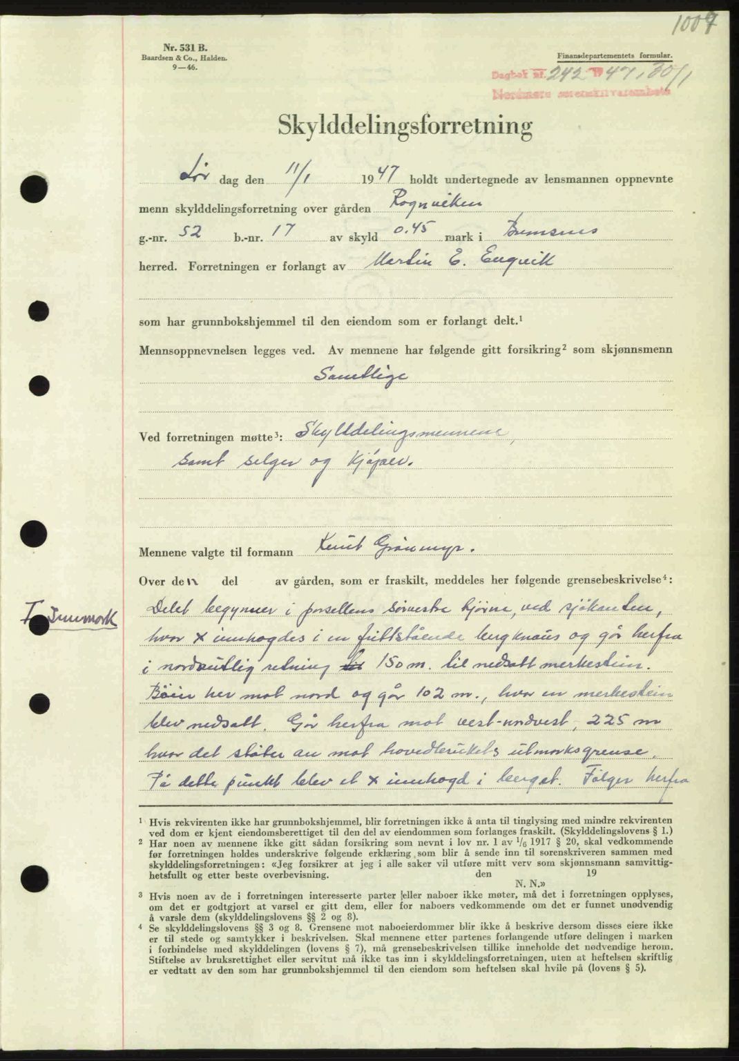 Nordmøre sorenskriveri, AV/SAT-A-4132/1/2/2Ca: Mortgage book no. A103, 1946-1947, Diary no: : 242/1947