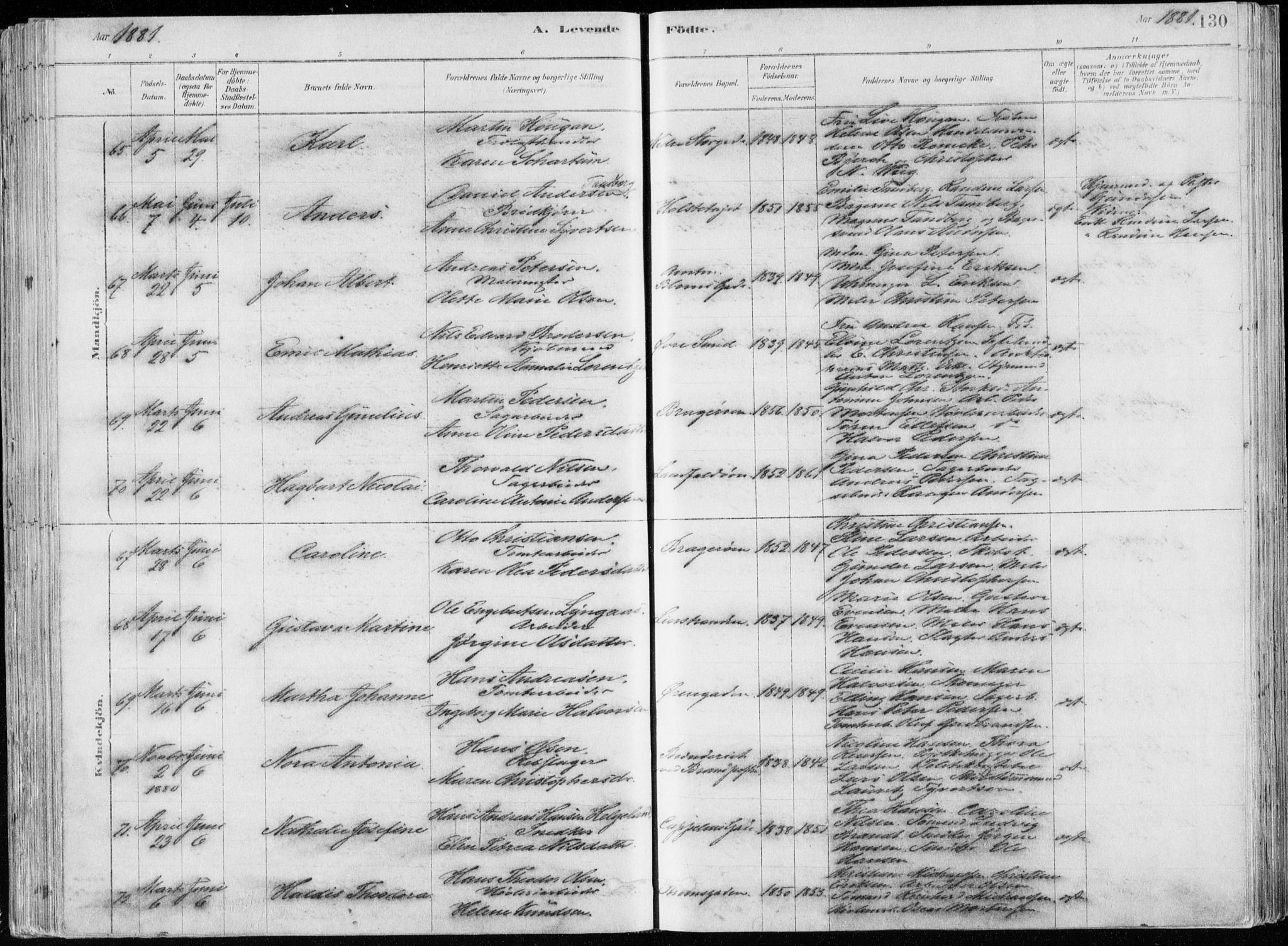 Bragernes kirkebøker, SAKO/A-6/F/Fb/L0006a: Parish register (official) no. II 6A, 1878-1885, p. 130