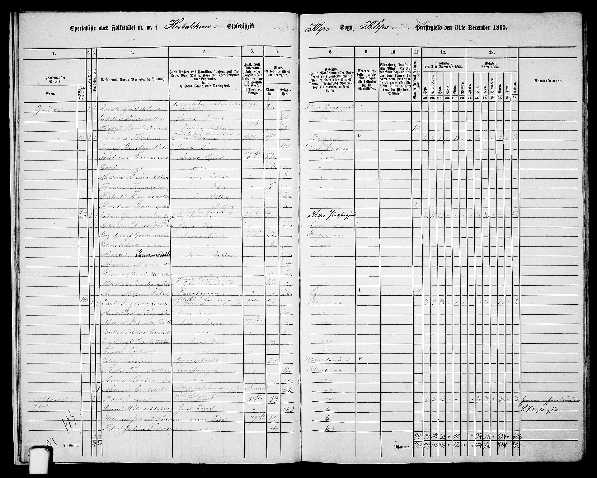 RA, 1865 census for Klepp, 1865, p. 13