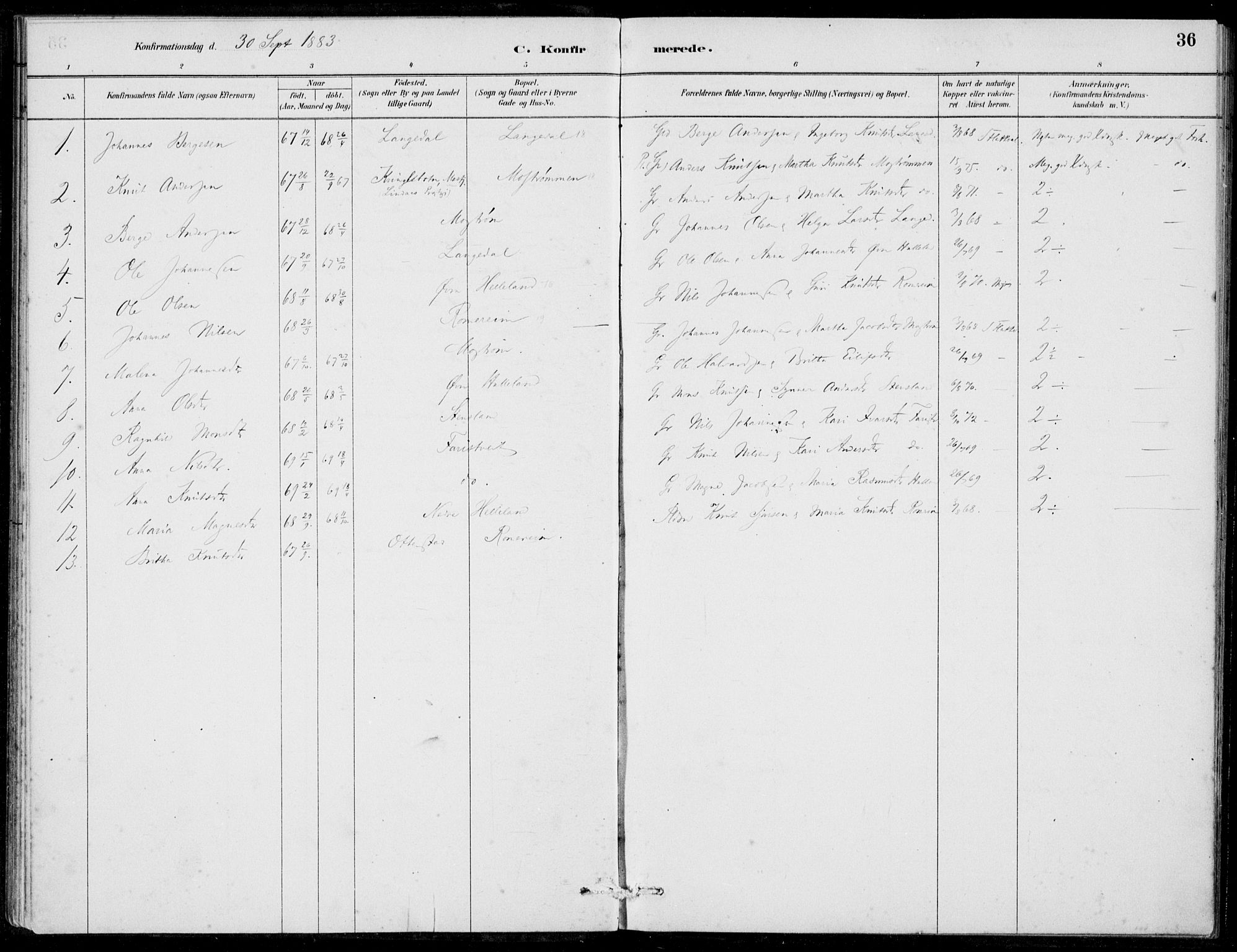 Hosanger sokneprestembete, SAB/A-75801/H/Haa: Parish register (official) no. C  1, 1880-1900, p. 36