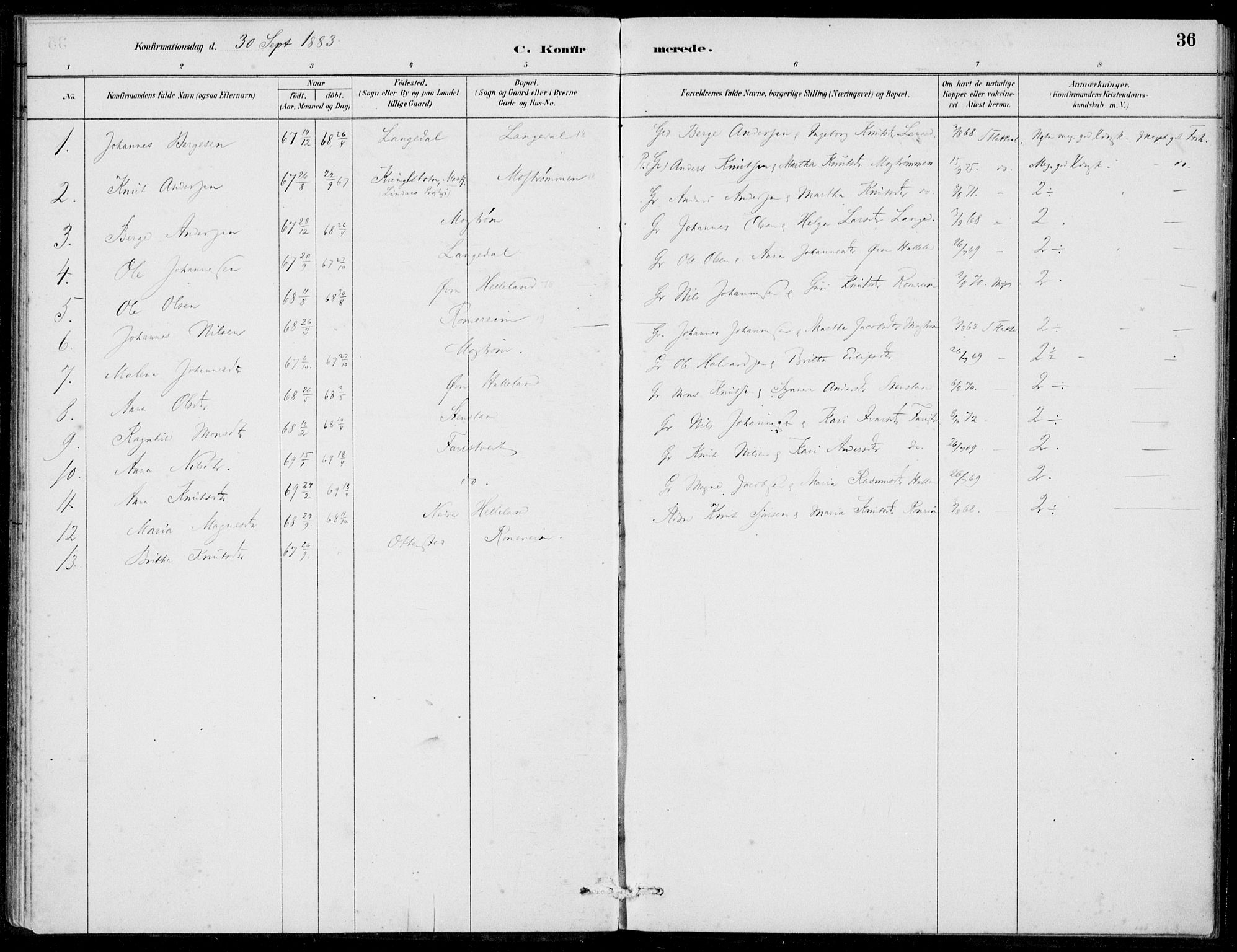 Hosanger sokneprestembete, AV/SAB-A-75801/H/Haa: Parish register (official) no. C  1, 1880-1900, p. 36