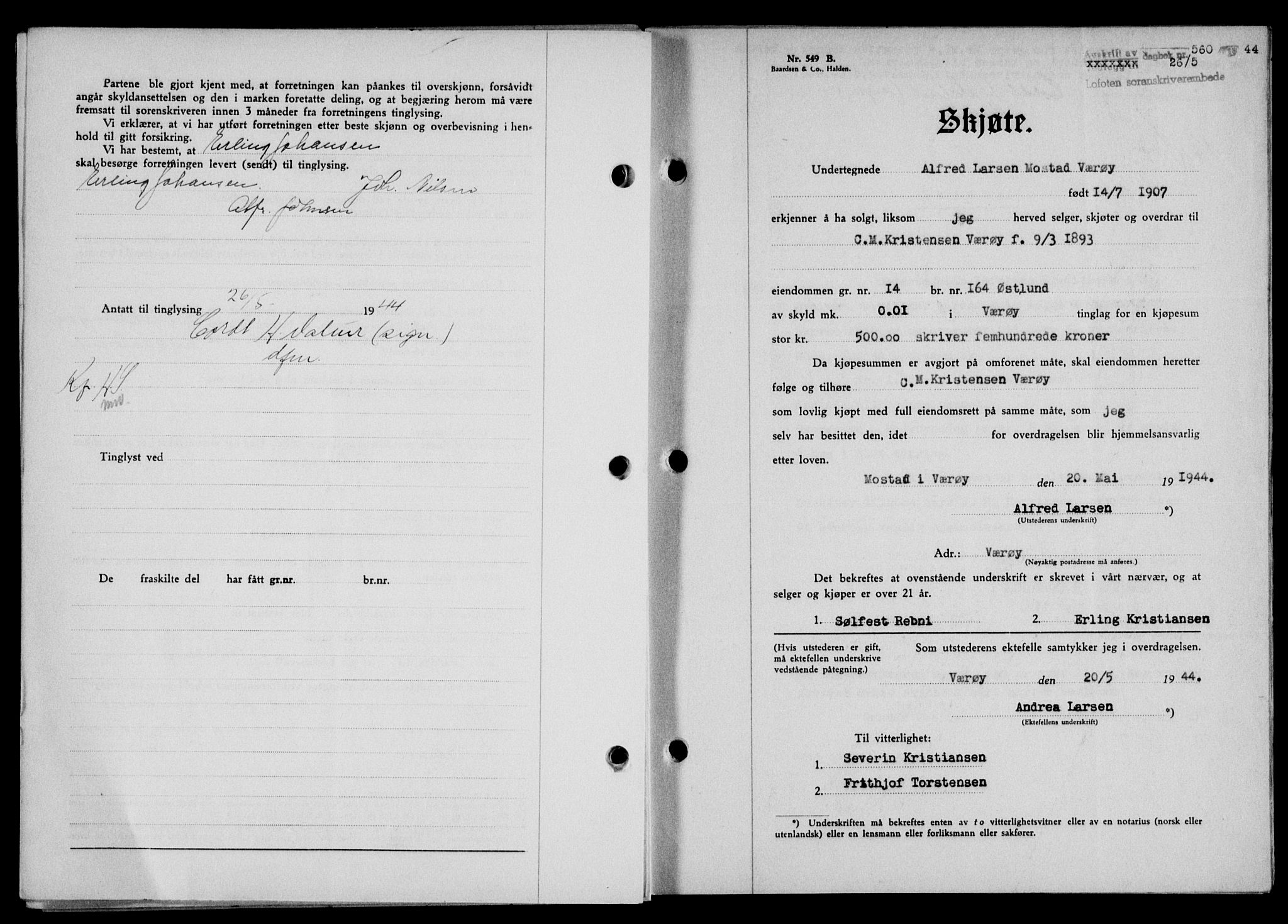 Lofoten sorenskriveri, SAT/A-0017/1/2/2C/L0012a: Mortgage book no. 12a, 1943-1944, Diary no: : 560/1944