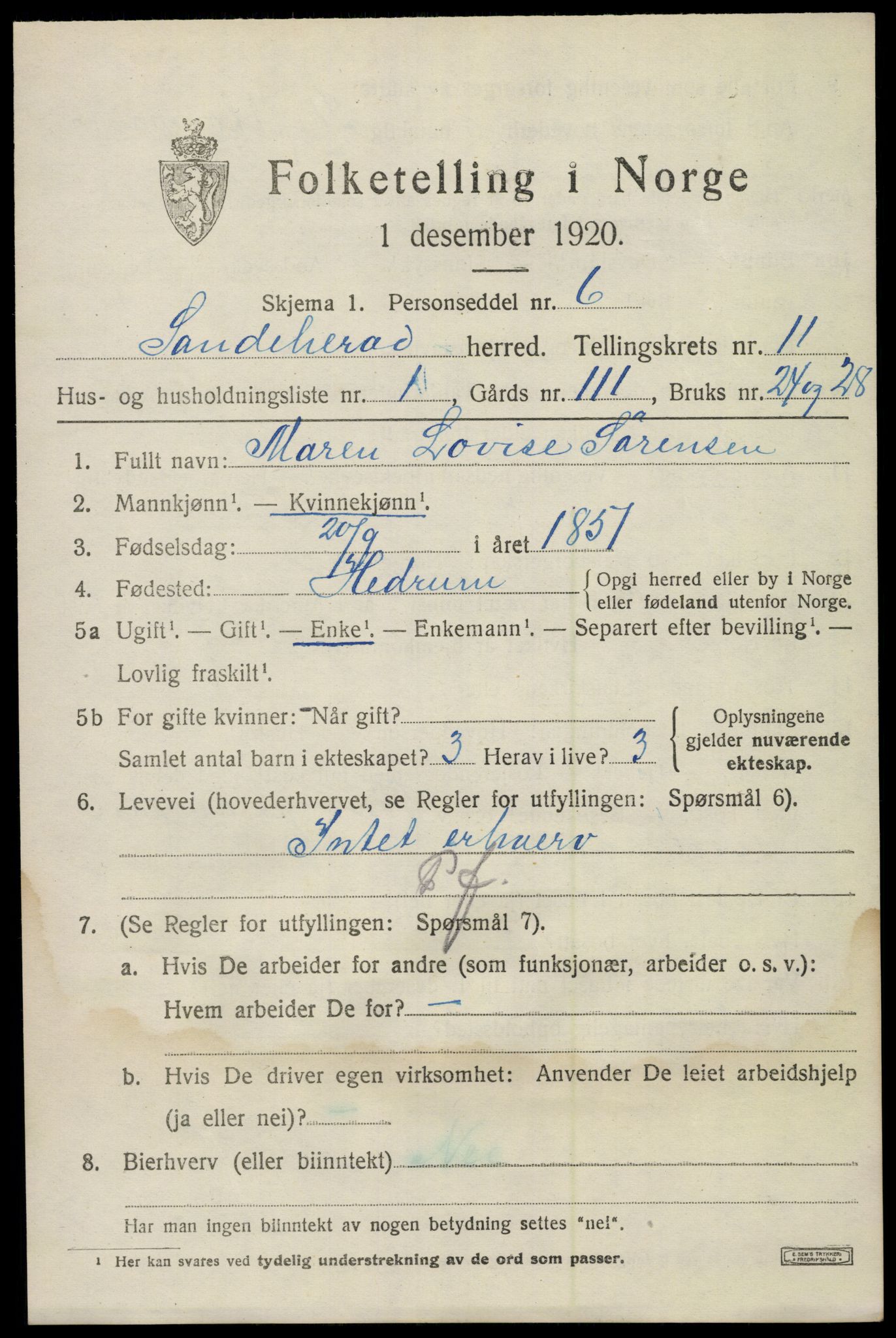 SAKO, 1920 census for Sandeherred, 1920, p. 15552