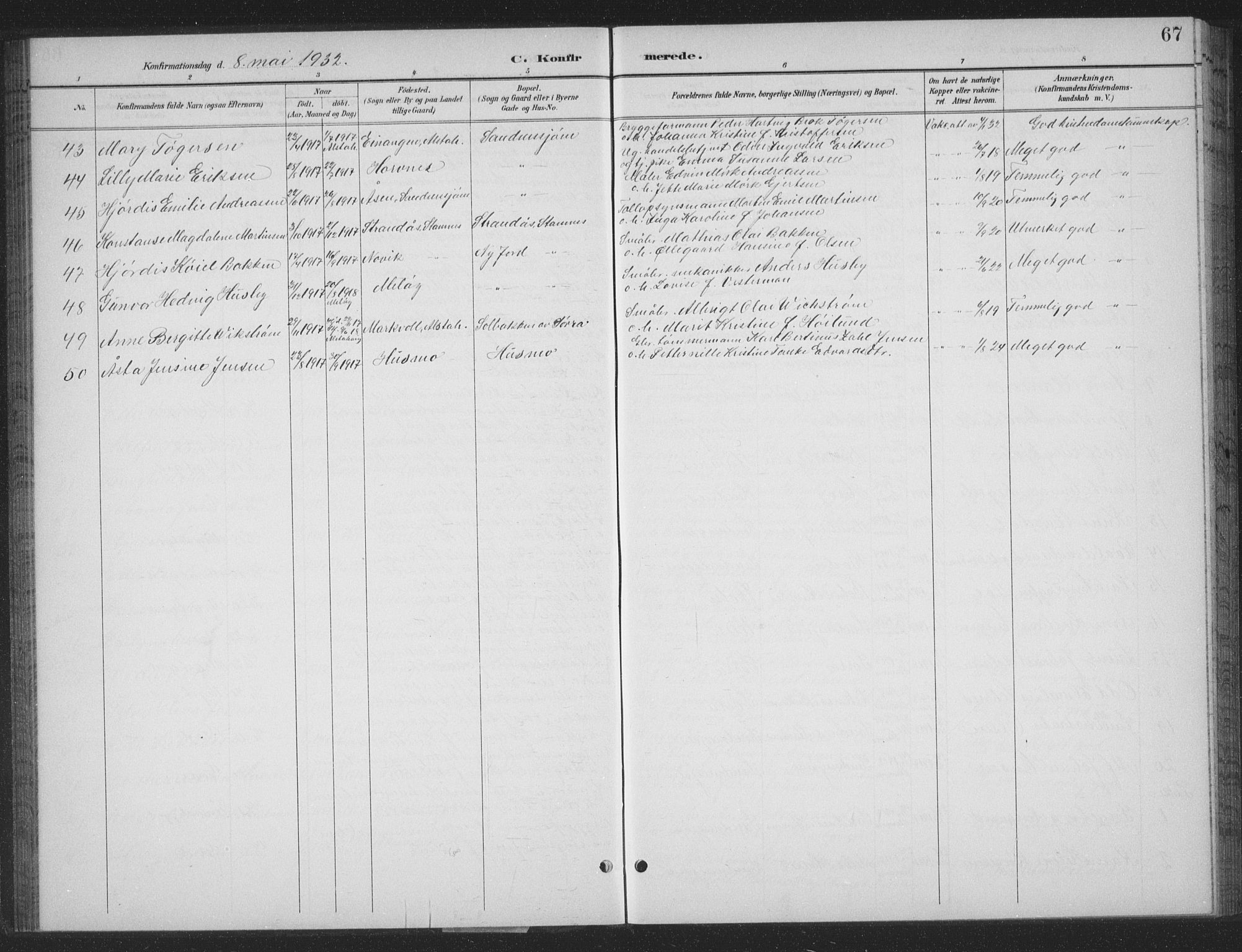 Ministerialprotokoller, klokkerbøker og fødselsregistre - Nordland, AV/SAT-A-1459/831/L0479: Parish register (copy) no. 831C06, 1897-1936, p. 67