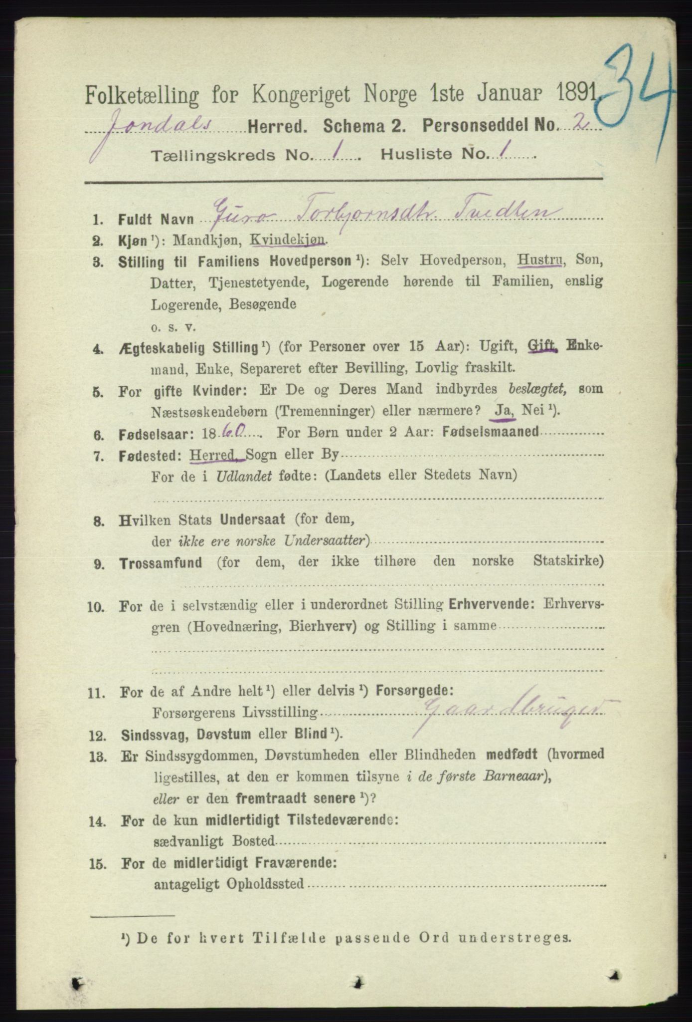 RA, 1891 census for 1227 Jondal, 1891, p. 139