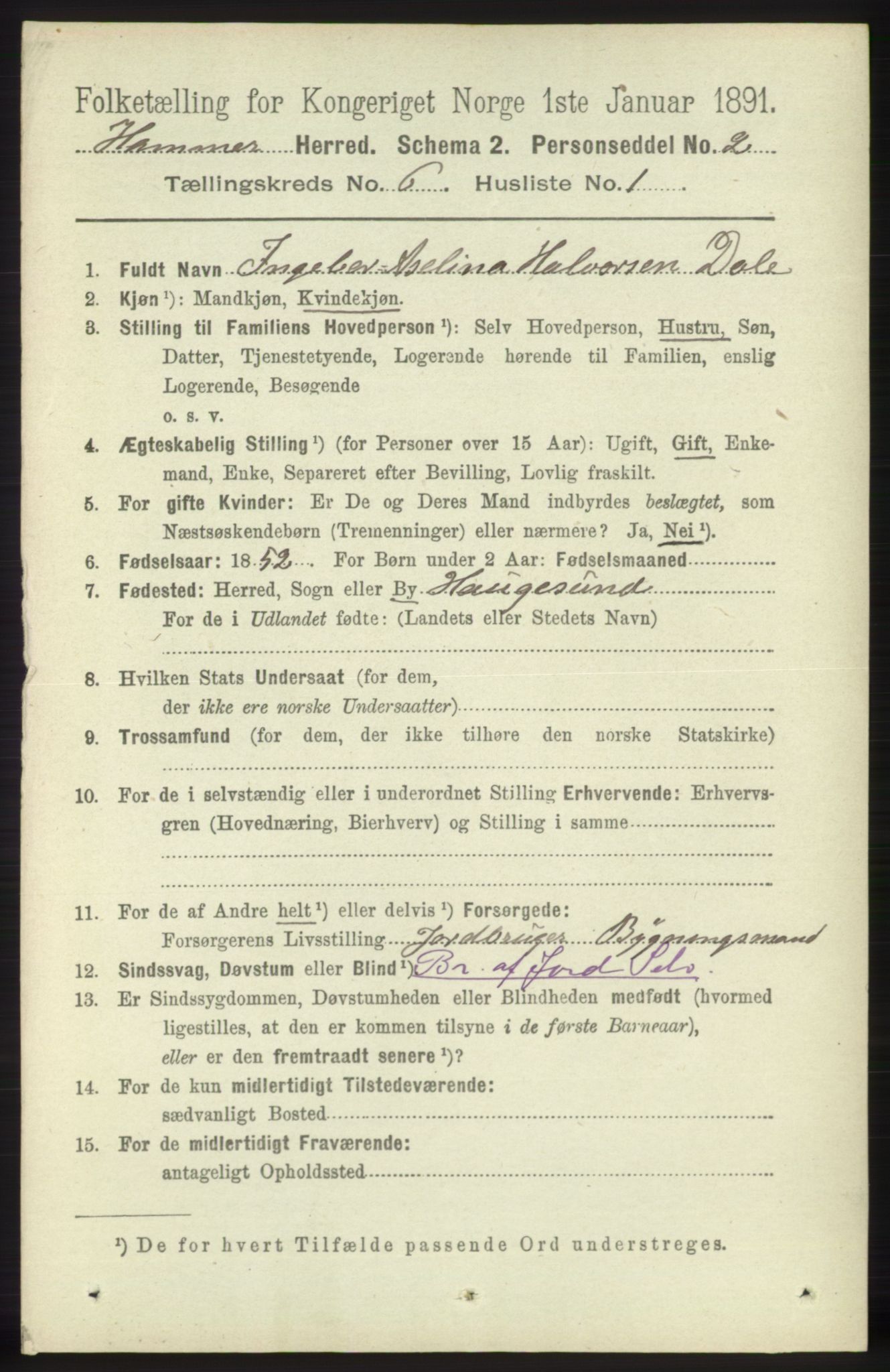 RA, 1891 census for 1254 Hamre, 1891, p. 1539