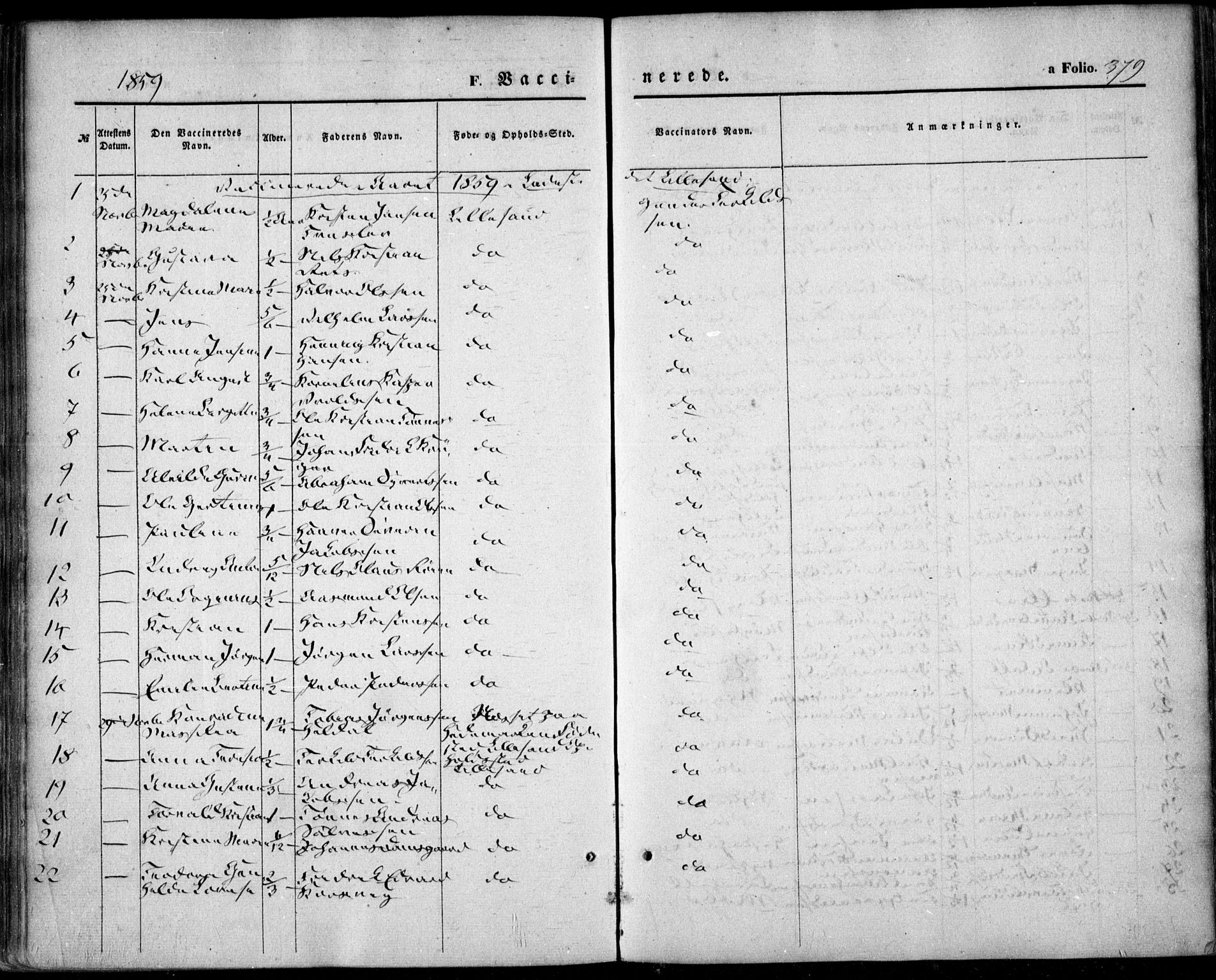 Vestre Moland sokneprestkontor, SAK/1111-0046/F/Fa/Fab/L0007: Parish register (official) no. A 7, 1859-1872, p. 379