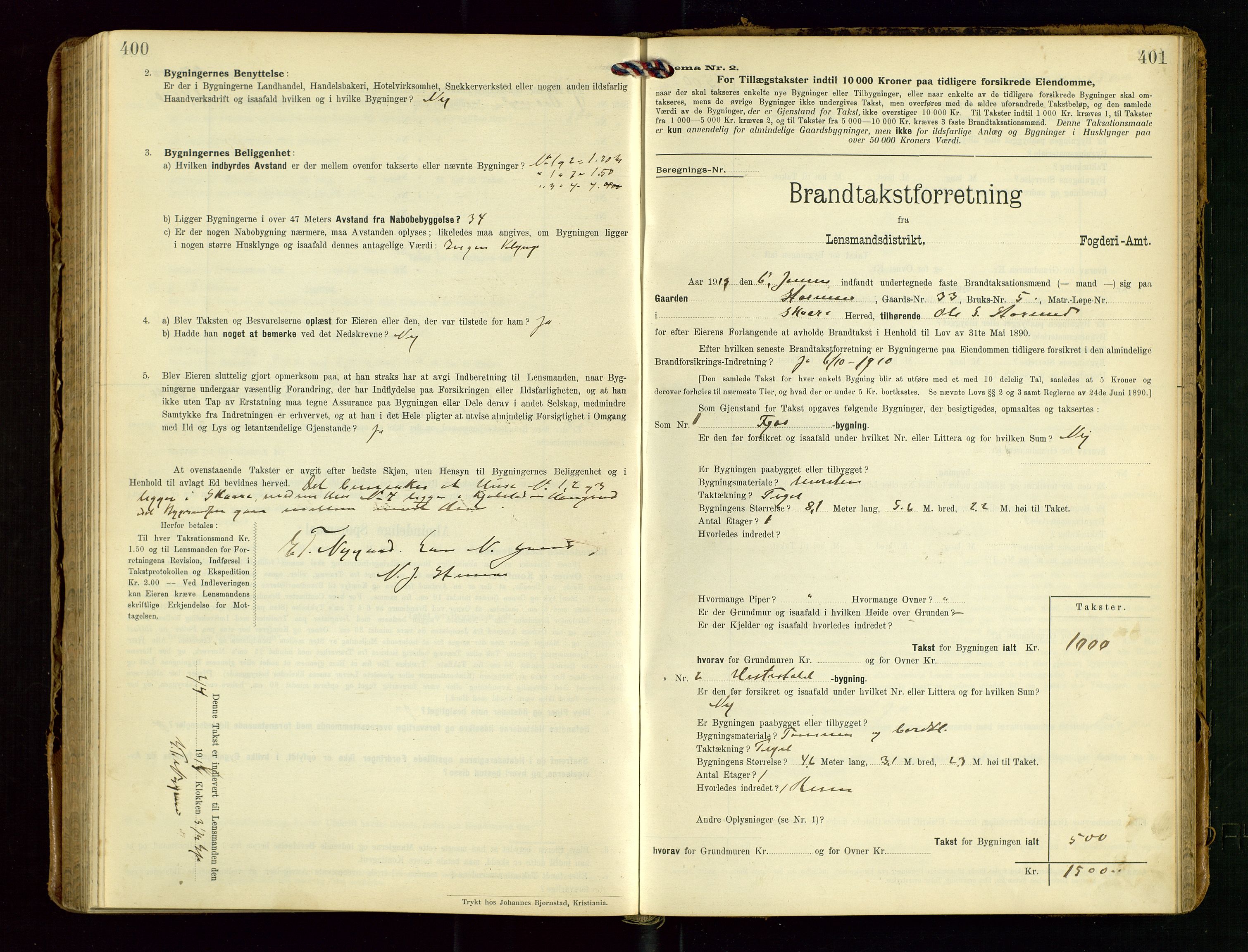 Torvestad lensmannskontor, AV/SAST-A-100307/1/Gob/L0004: "Brandtaxationsprotokol for Torvestad Lensmannsdistrikt", 1909-1923, p. 400-401