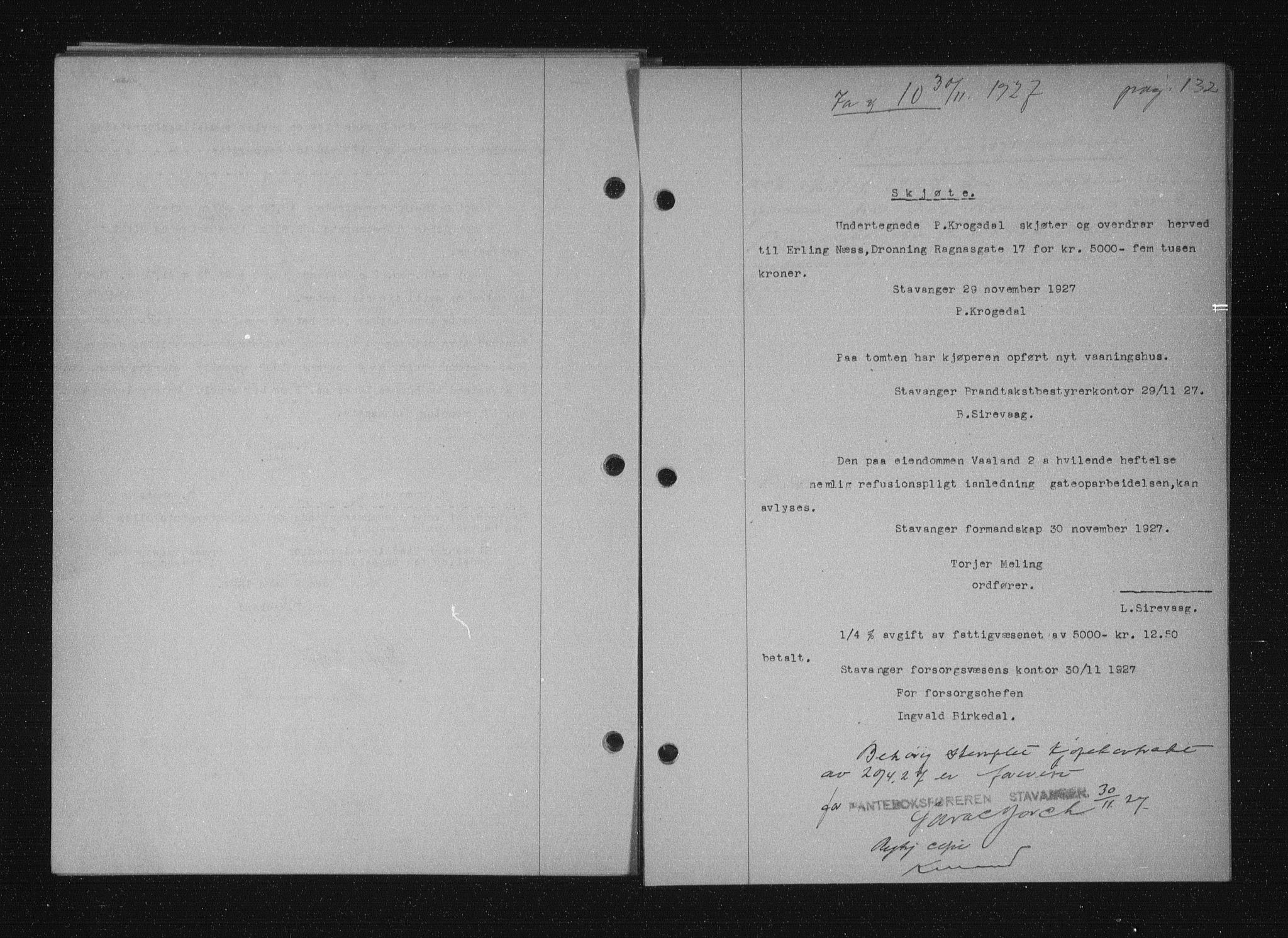 Stavanger byfogd, SAST/A-101408/001/4/41/410/410BB/L0053: Mortgage book no. 41, 1927-1928, Deed date: 30.11.1927