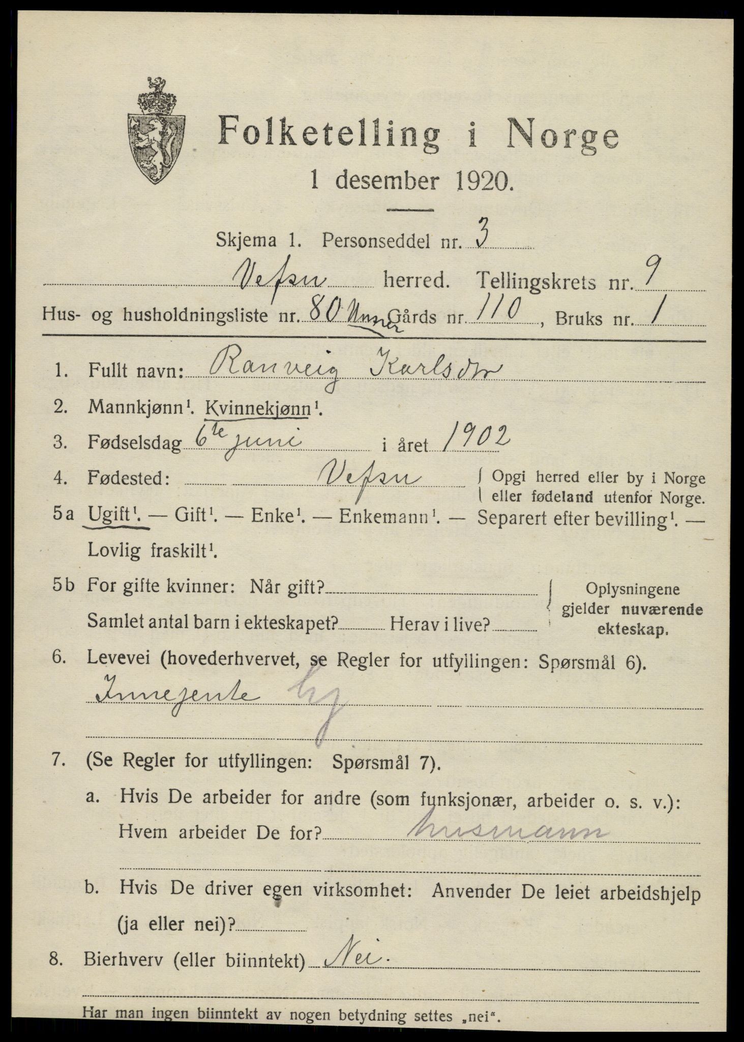 SAT, 1920 census for Vefsn, 1920, p. 6889