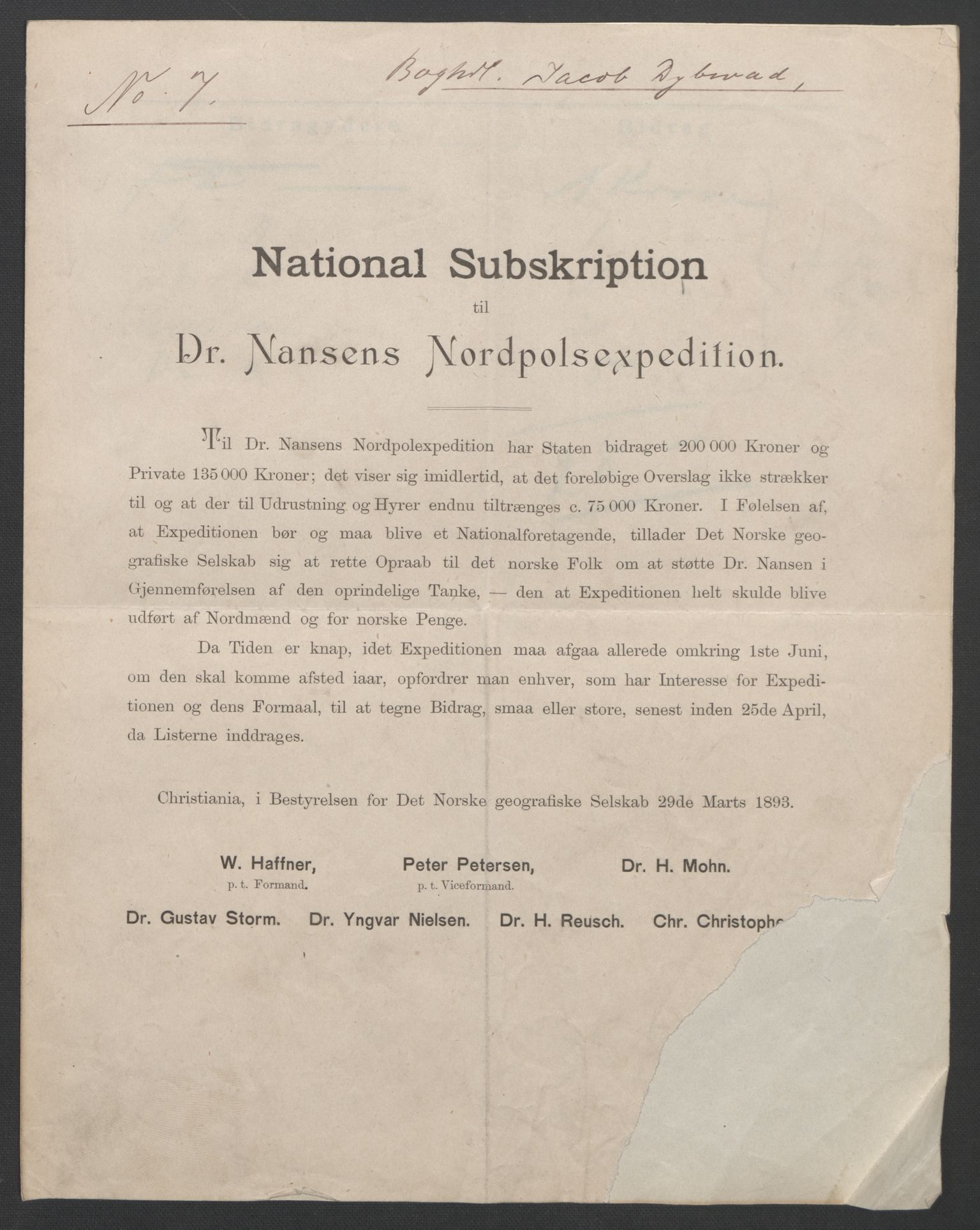 Arbeidskomitéen for Fridtjof Nansens polarekspedisjon, AV/RA-PA-0061/D/L0001/0006: Pengeinnsamlingen / Bidragslister med følgebrev, 1893, p. 13