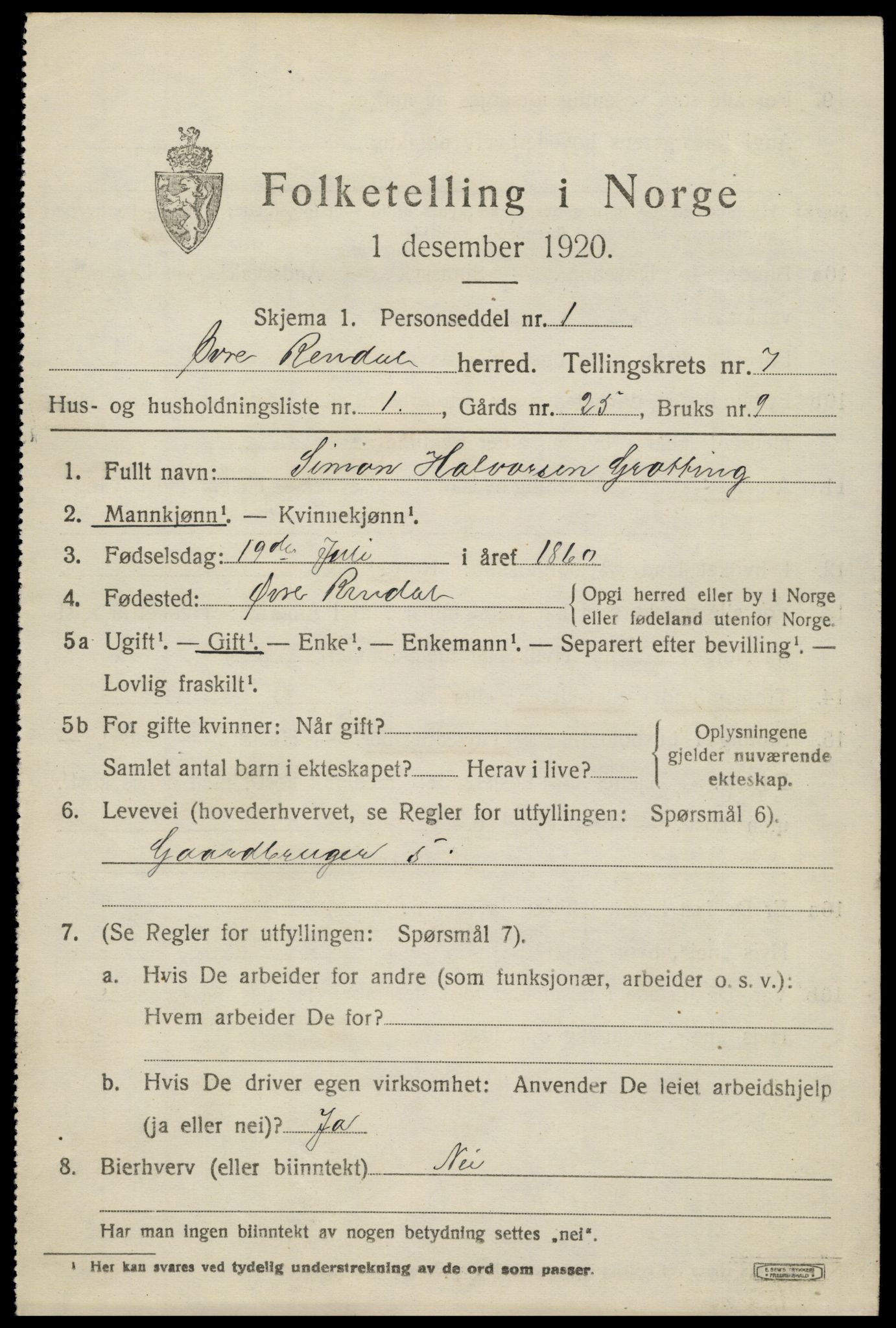 SAH, 1920 census for Øvre Rendal, 1920, p. 2449