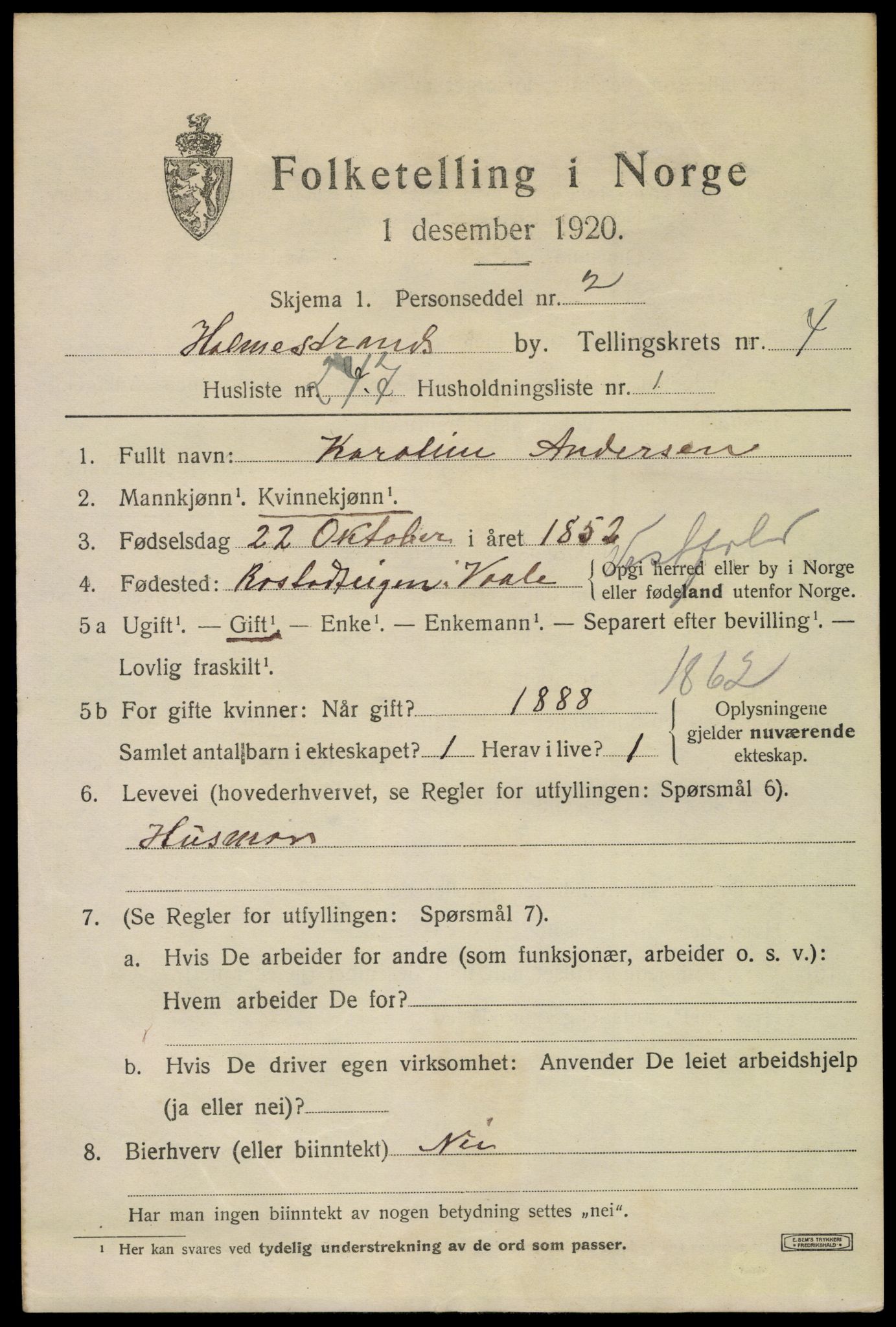 SAKO, 1920 census for Holmestrand, 1920, p. 6308