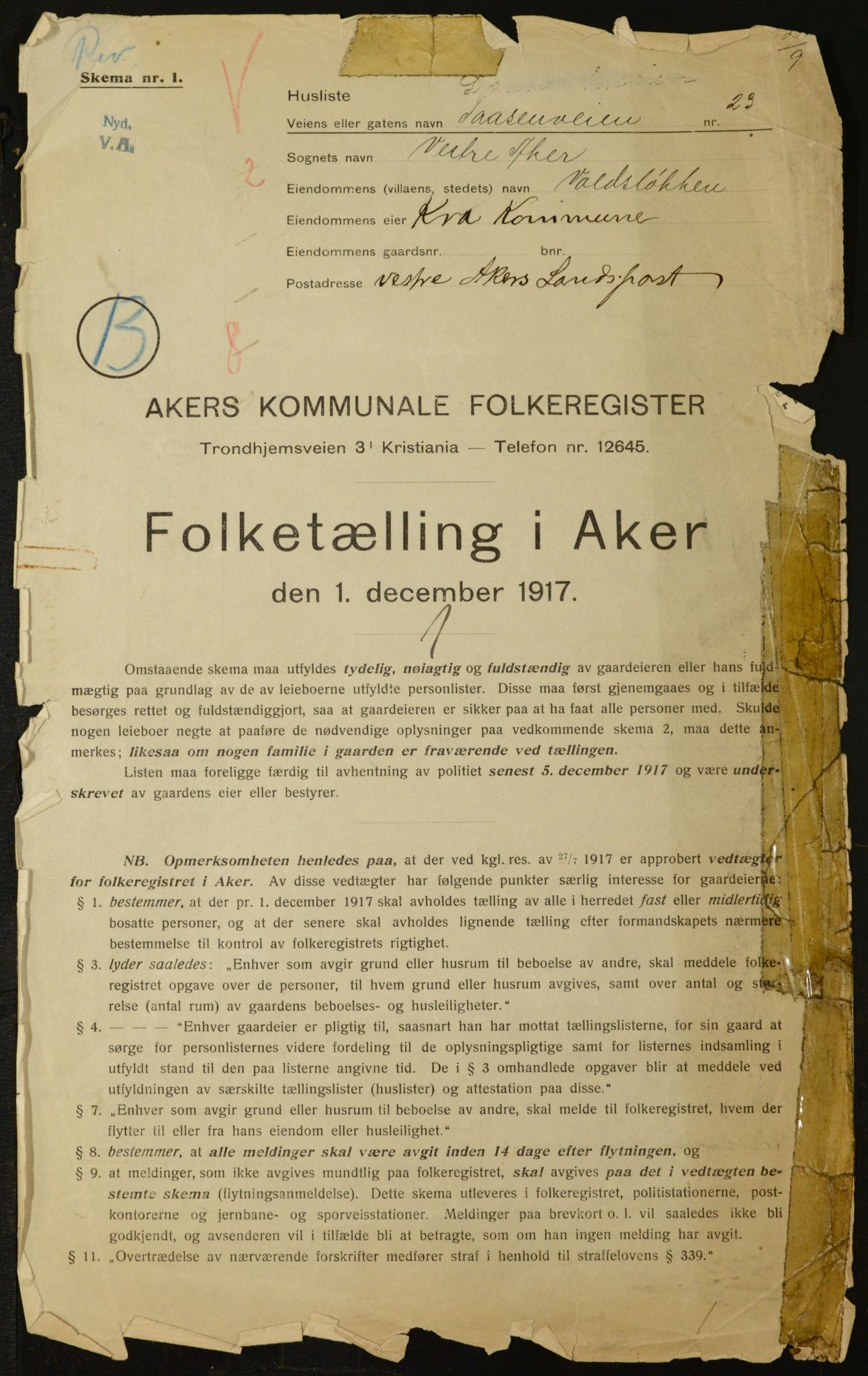 OBA, Municipal Census 1917 for Aker, 1917, p. 11681