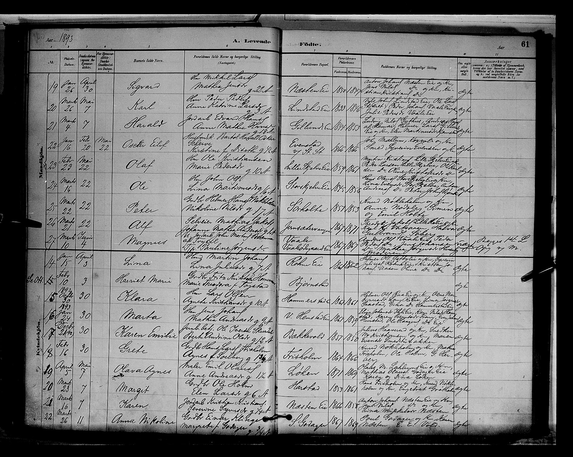 Stange prestekontor, AV/SAH-PREST-002/L/L0009: Parish register (copy) no. 9, 1883-1899, p. 61