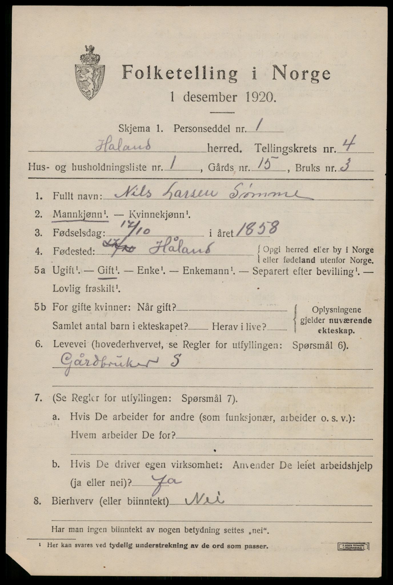 SAST, 1920 census for Håland, 1920, p. 3603