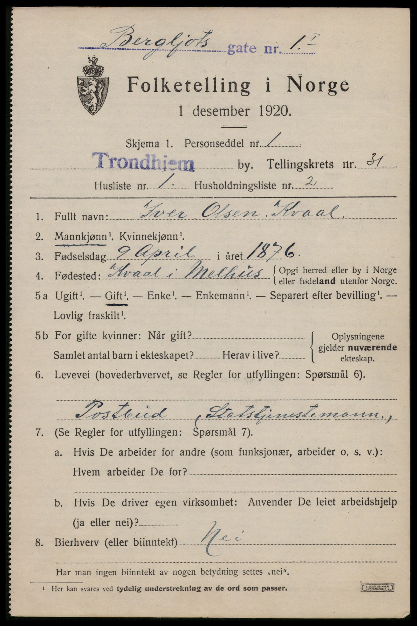 SAT, 1920 census for Trondheim, 1920, p. 76186