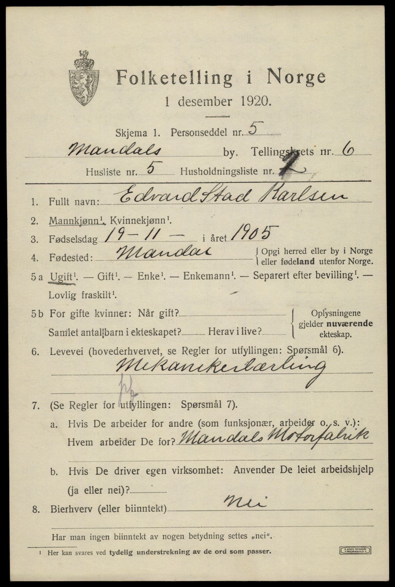 SAK, 1920 census for Mandal, 1920, p. 9161