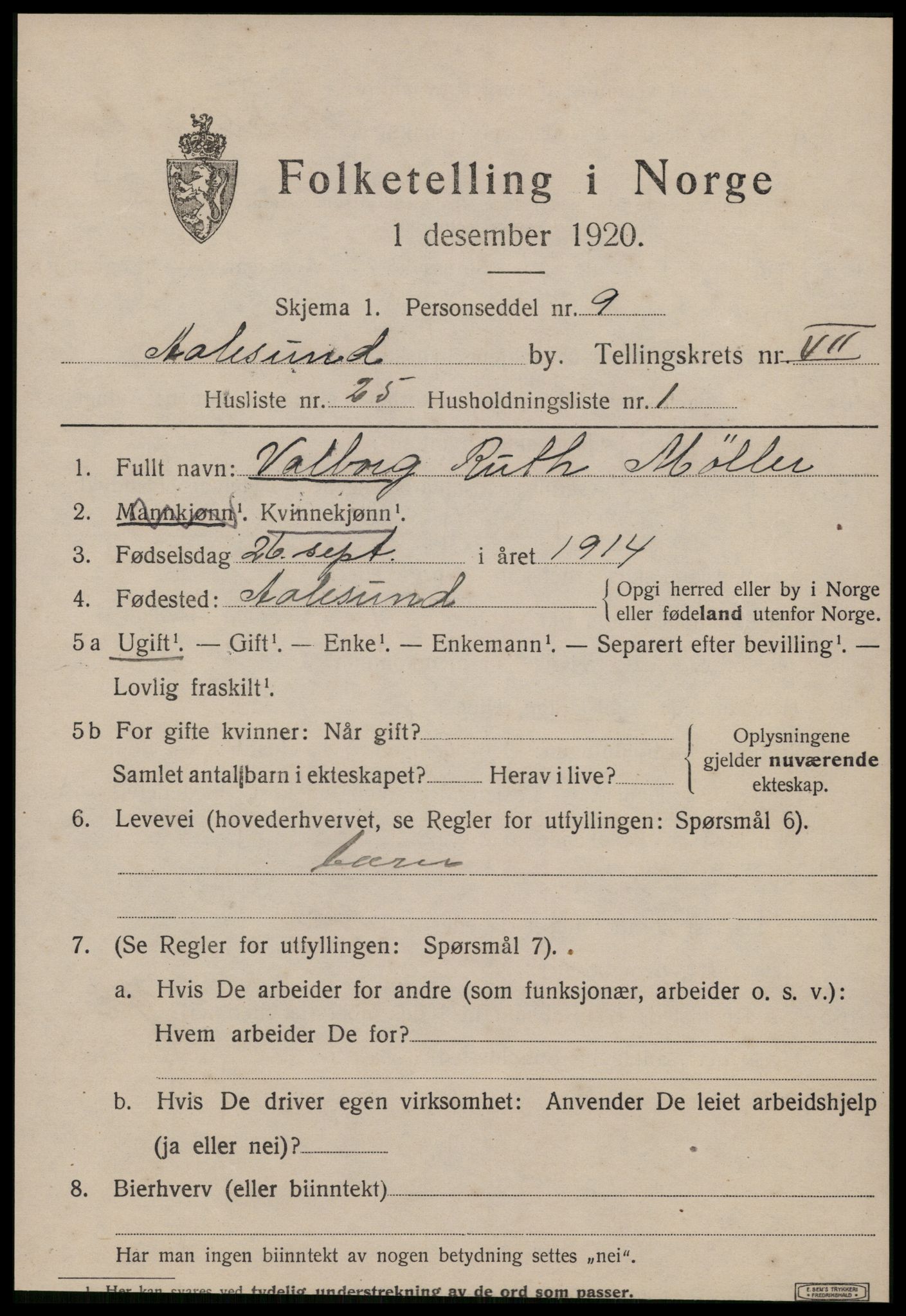 SAT, 1920 census for Ålesund, 1920, p. 20016