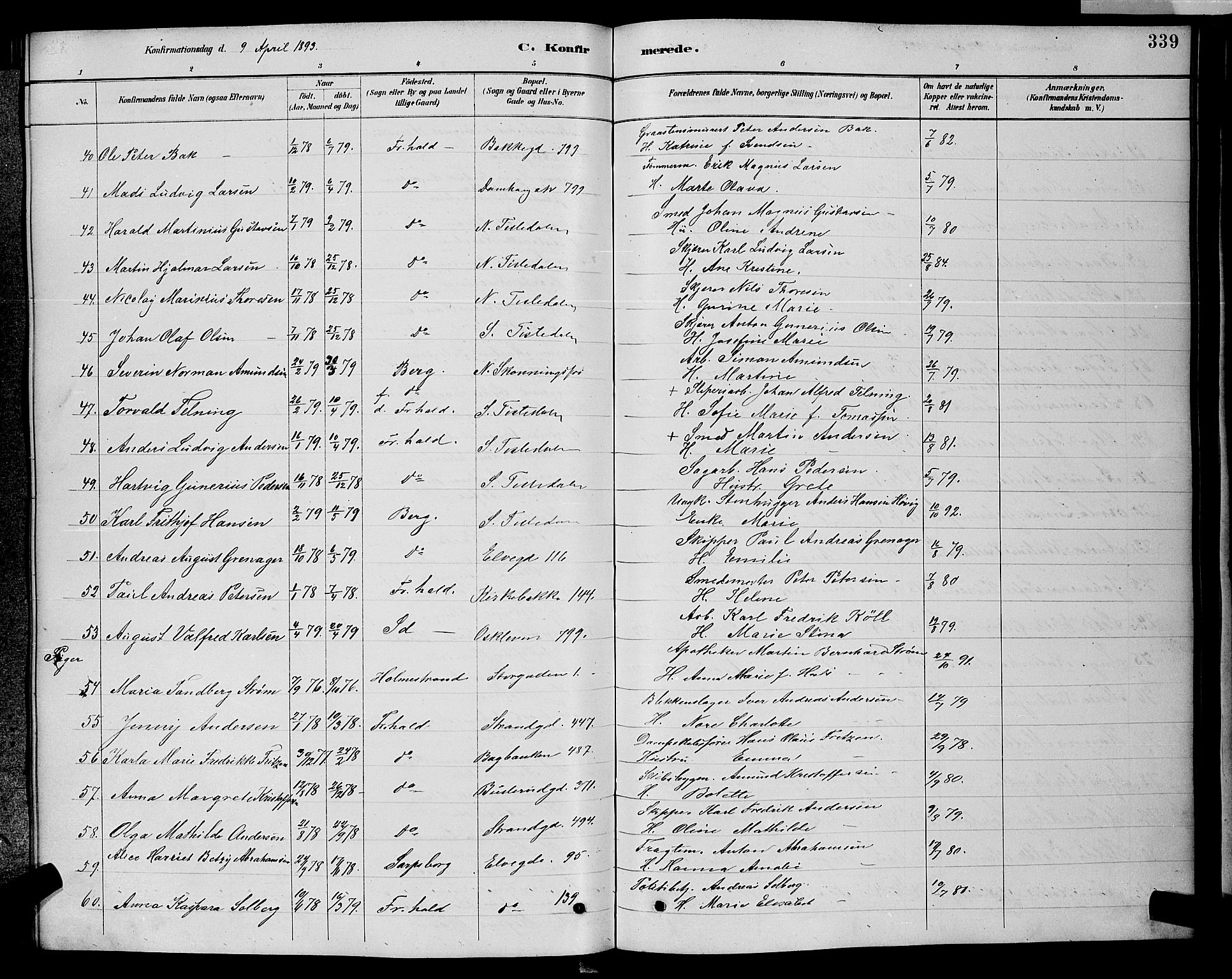 Halden prestekontor Kirkebøker, AV/SAO-A-10909/G/Ga/L0008: Parish register (copy) no. 8, 1885-1899, p. 339