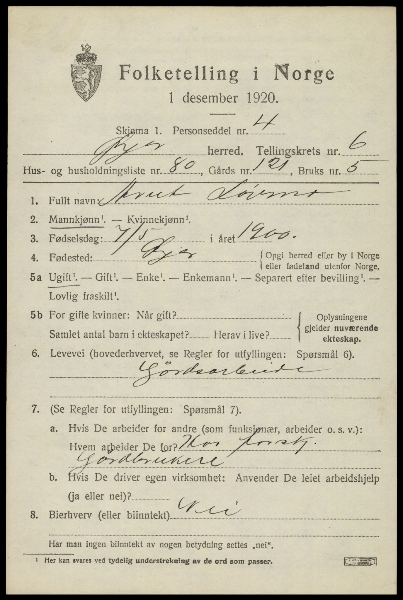 SAH, 1920 census for Øyer, 1920, p. 6372