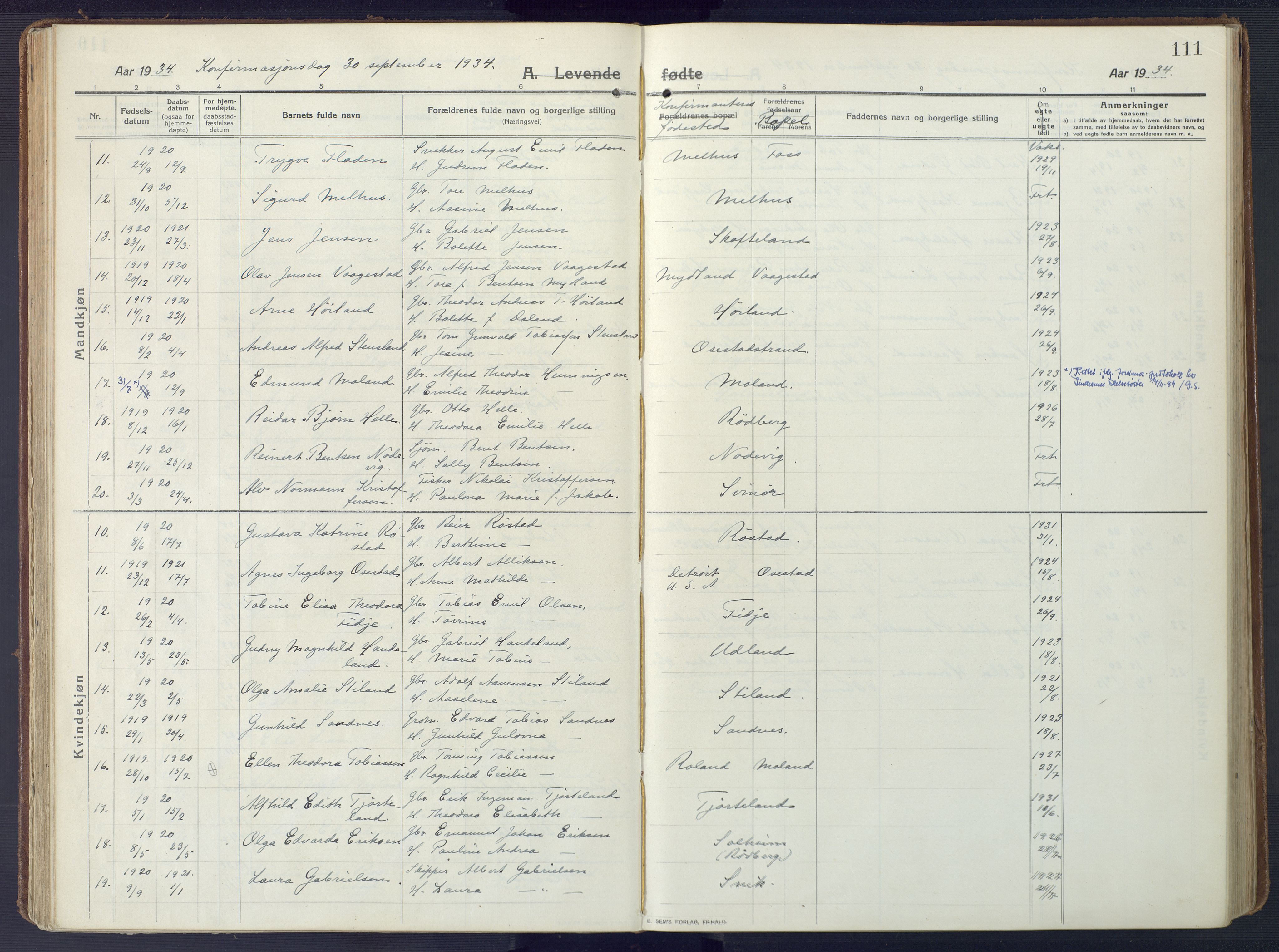 Sør-Audnedal sokneprestkontor, AV/SAK-1111-0039/F/Fa/Fab/L0011: Parish register (official) no. A 11, 1912-1938, p. 111