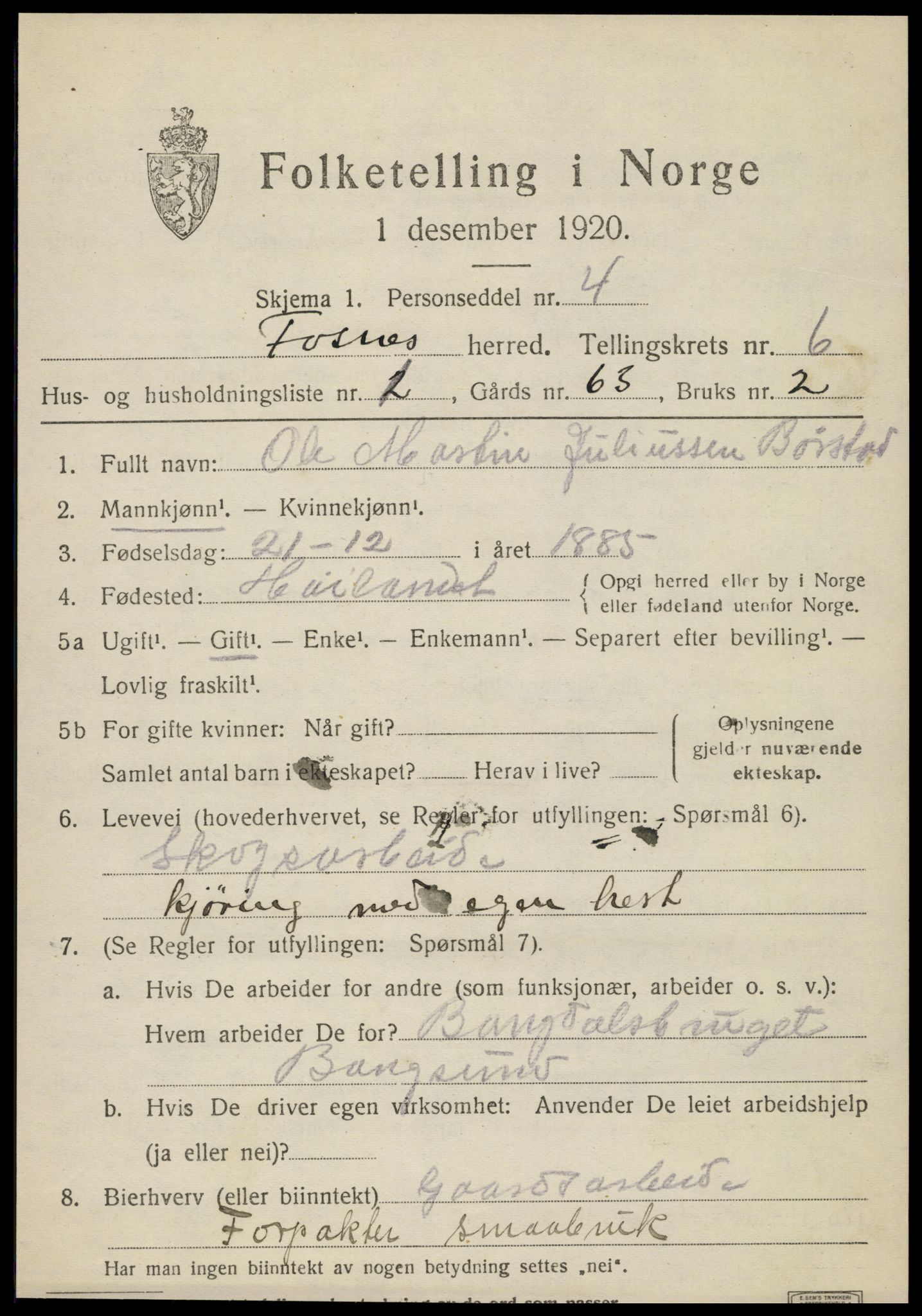 SAT, 1920 census for Fosnes, 1920, p. 2577