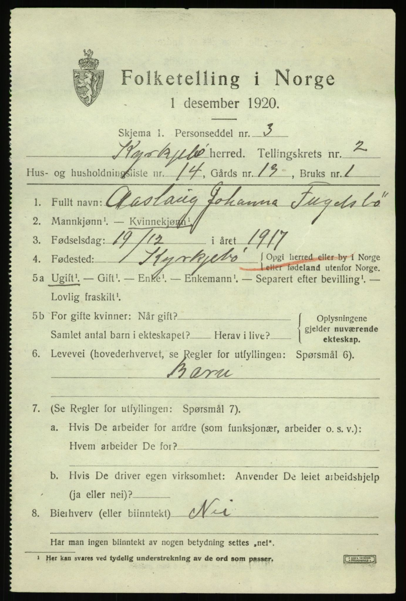SAB, 1920 census for Kyrkjebø, 1920, p. 1233