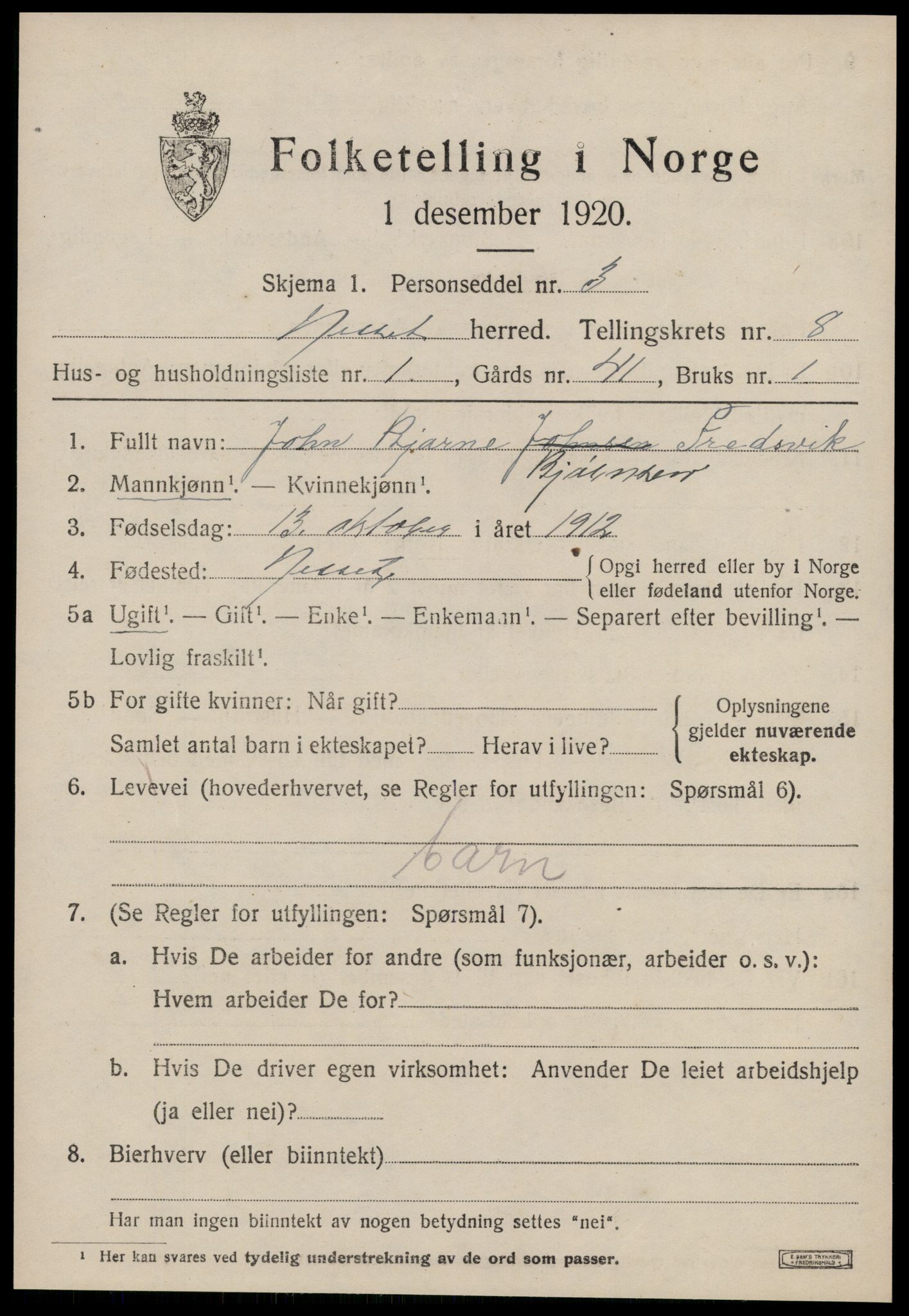 SAT, 1920 census for Nesset, 1920, p. 3474