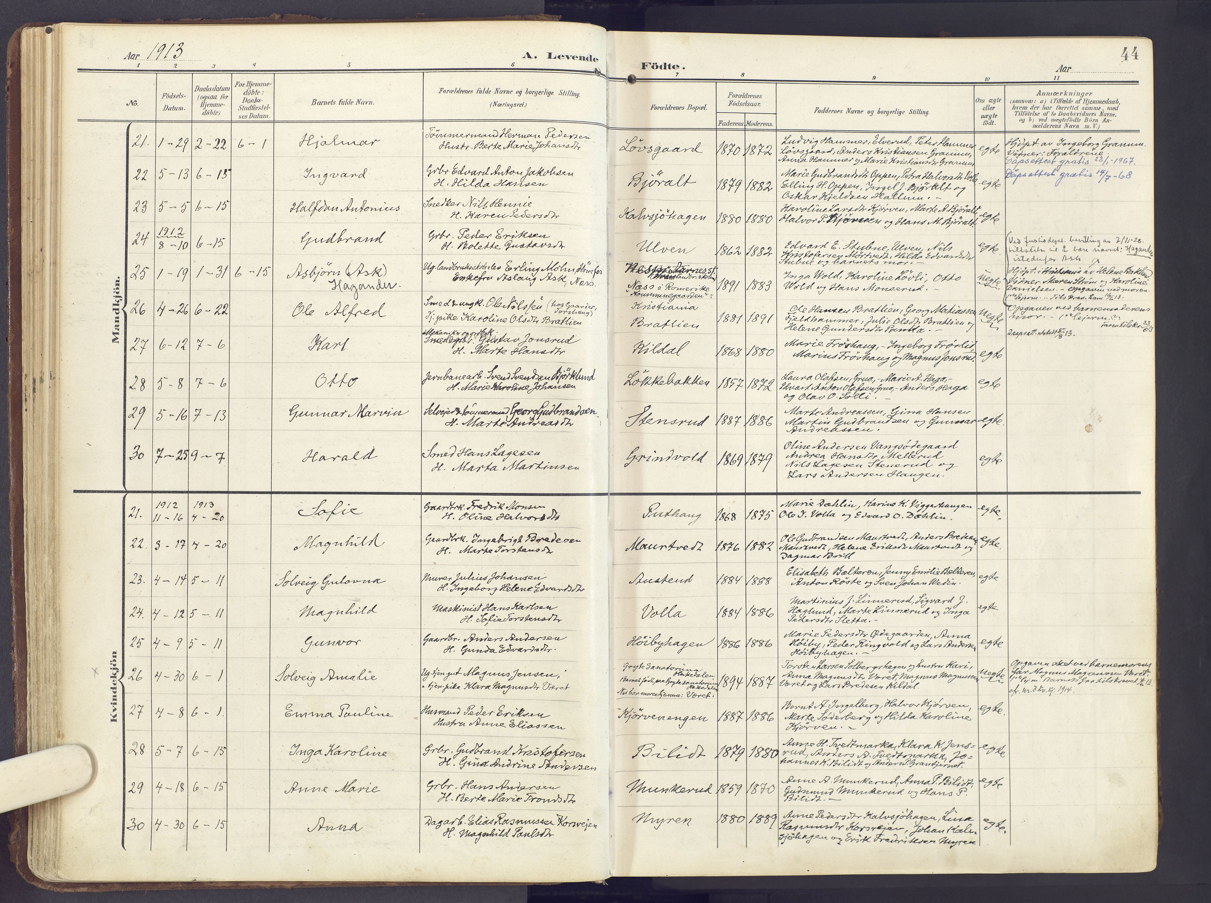 Lunner prestekontor, AV/SAH-PREST-118/H/Ha/Haa/L0001: Parish register (official) no. 1, 1907-1922, p. 44