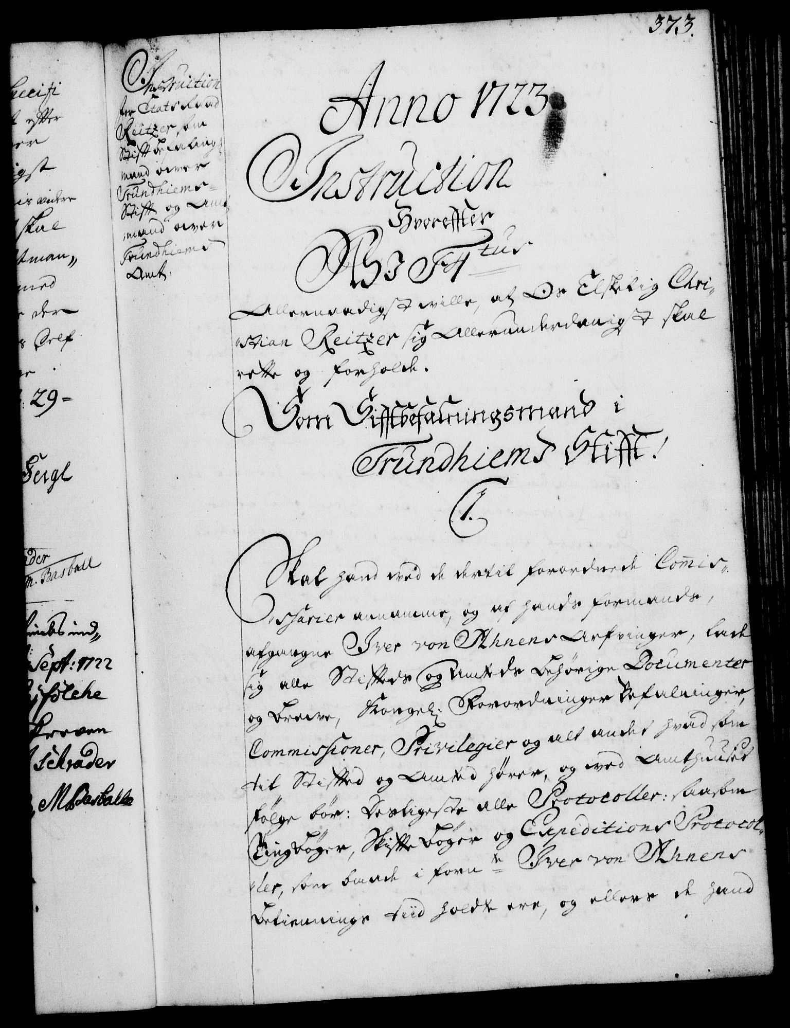 Rentekammeret, Kammerkanselliet, RA/EA-3111/G/Gg/Ggi/L0001: Norsk instruksjonsprotokoll med register (merket RK 53.34), 1720-1729, p. 373