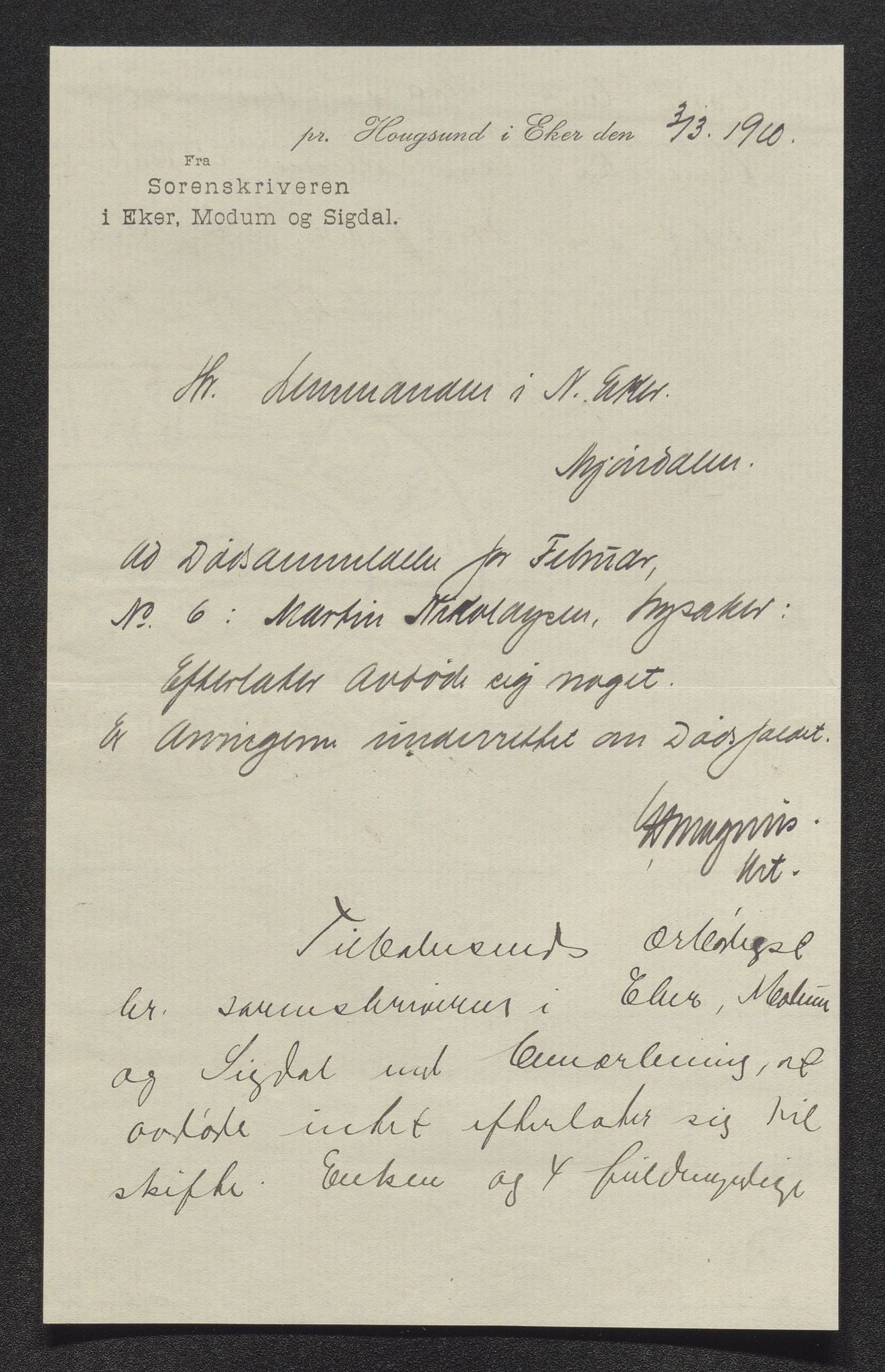 Eiker, Modum og Sigdal sorenskriveri, AV/SAKO-A-123/H/Ha/Hab/L0033: Dødsfallsmeldinger, 1909-1910, p. 877