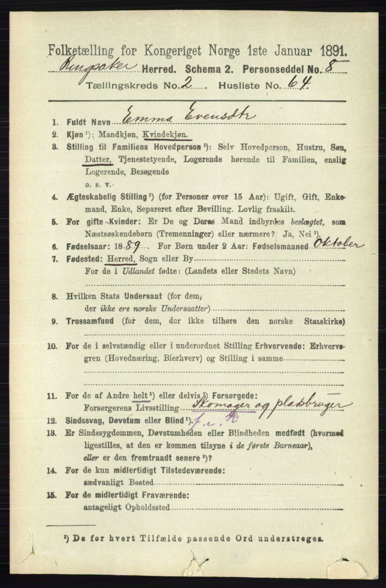 RA, 1891 census for 0412 Ringsaker, 1891, p. 1159