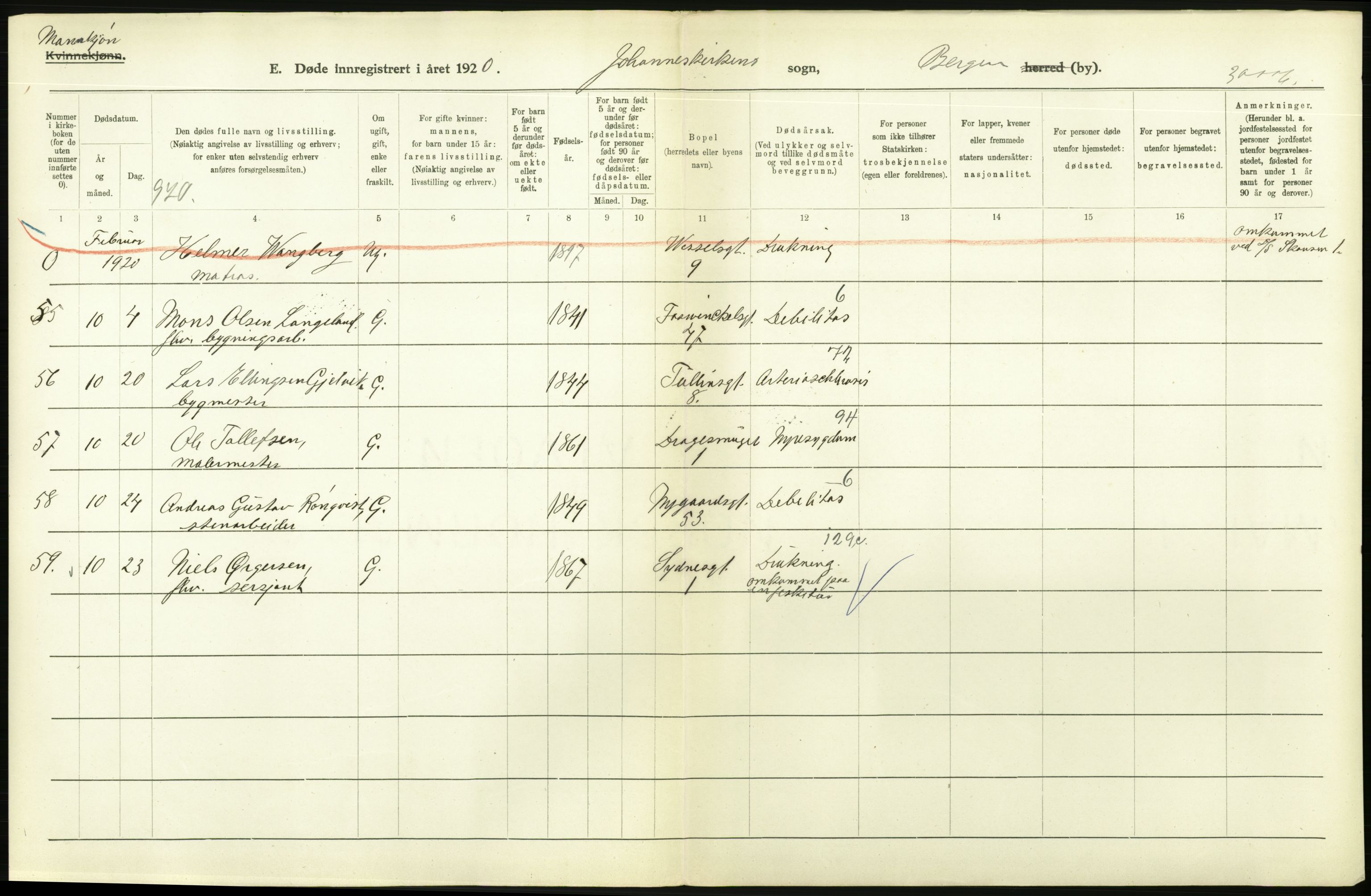 Statistisk sentralbyrå, Sosiodemografiske emner, Befolkning, AV/RA-S-2228/D/Df/Dfb/Dfbj/L0042: Bergen: Gifte, døde, dødfødte., 1920, p. 572