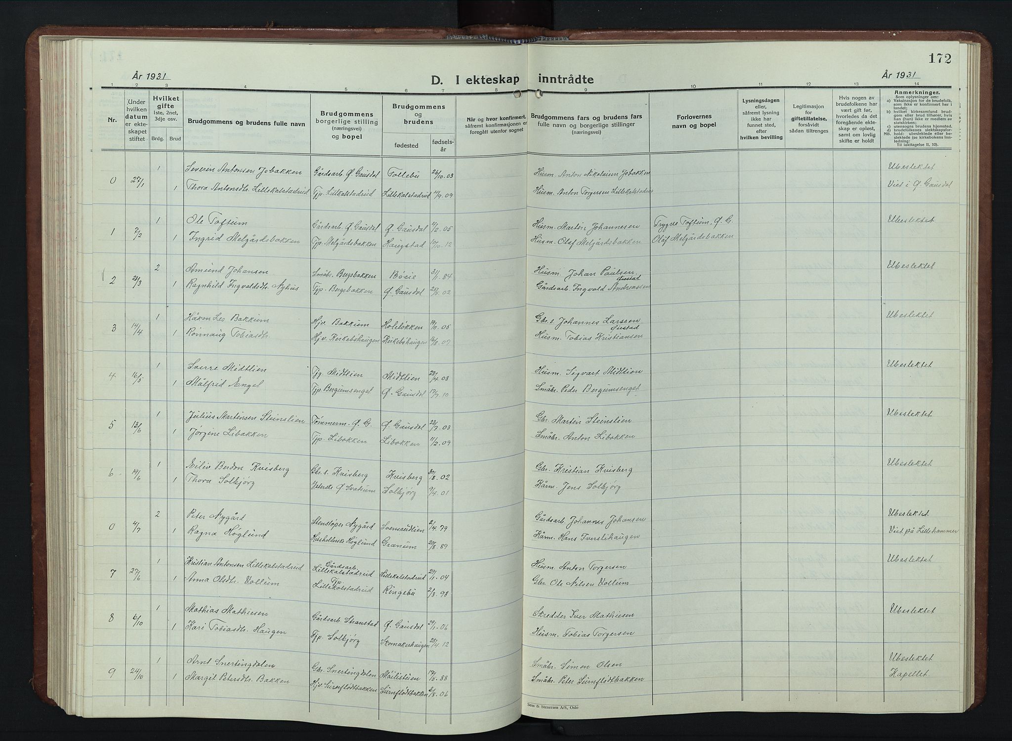 Vestre Gausdal prestekontor, AV/SAH-PREST-094/H/Ha/Hab/L0005: Parish register (copy) no. 5, 1926-1955, p. 172