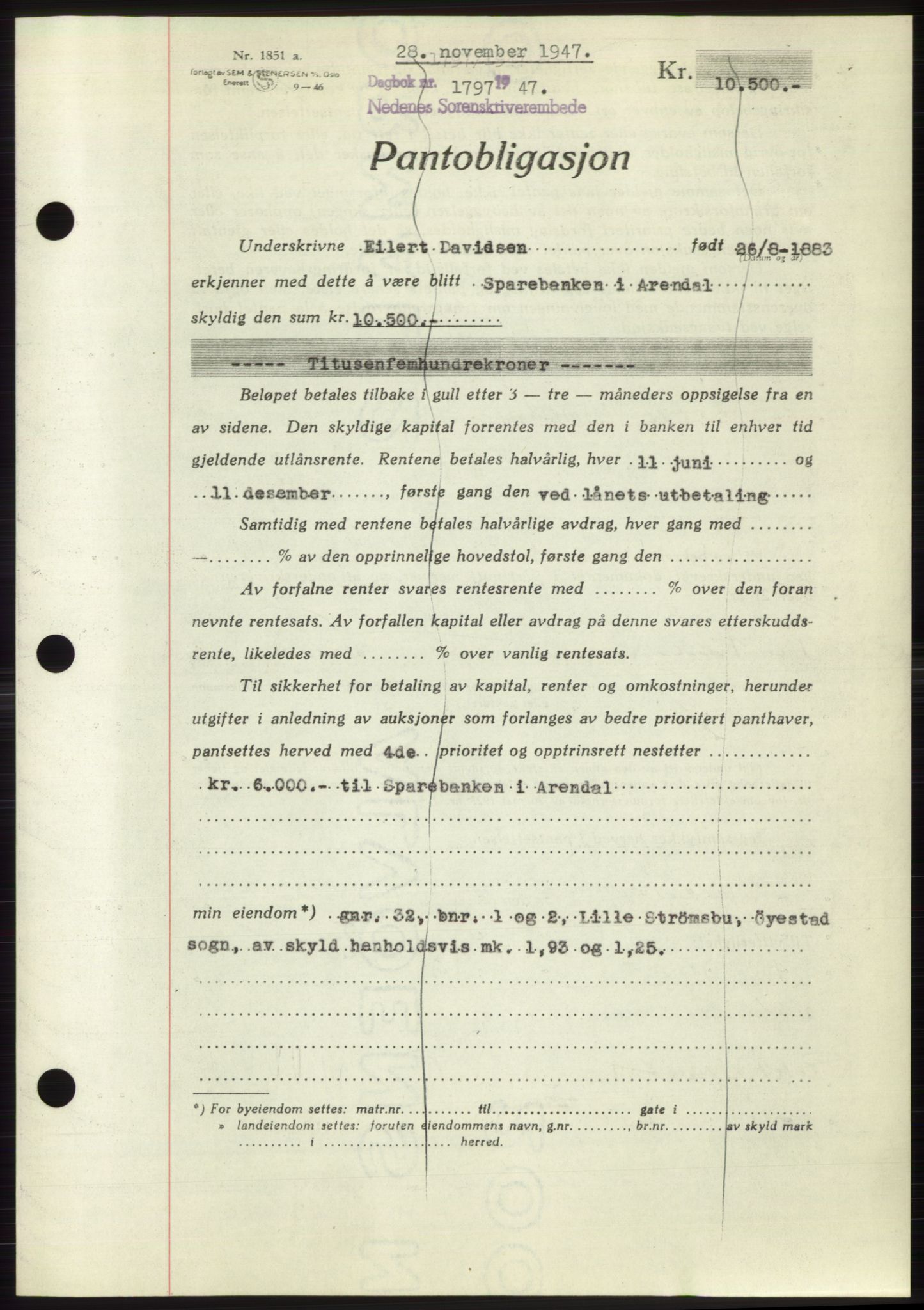 Nedenes sorenskriveri, AV/SAK-1221-0006/G/Gb/Gbb/L0004: Mortgage book no. B4, 1947-1947, Diary no: : 1797/1947