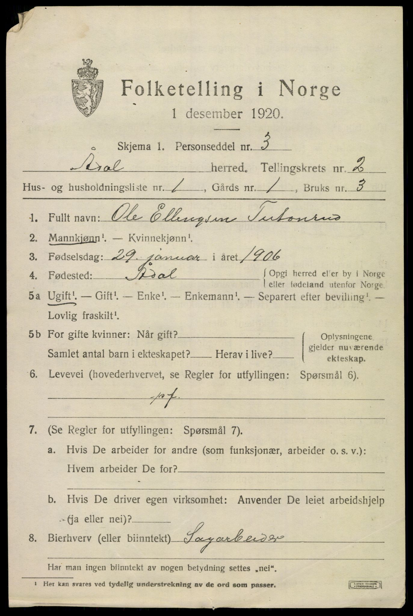 SAKO, 1920 census for Ådal, 1920, p. 2178