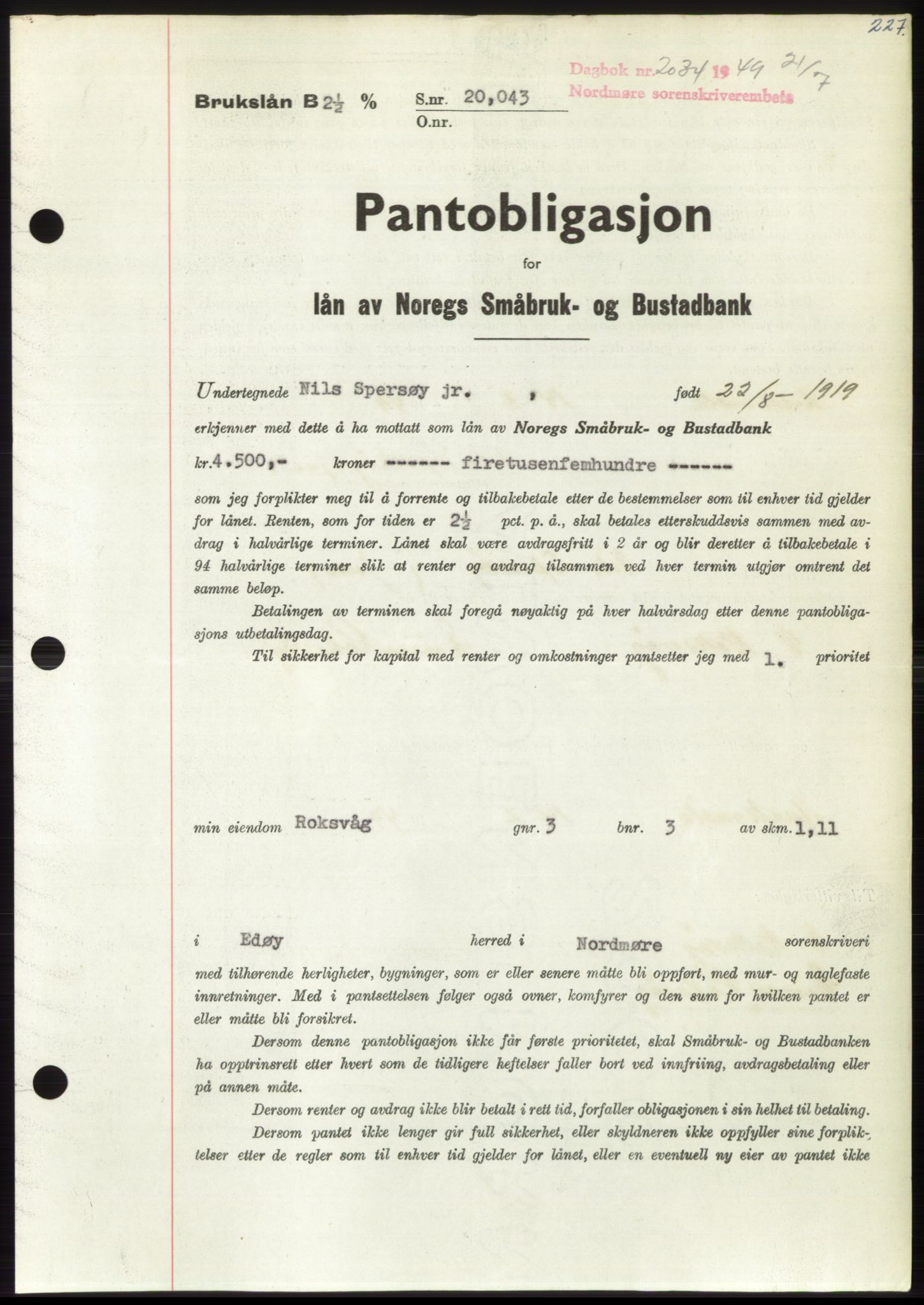 Nordmøre sorenskriveri, AV/SAT-A-4132/1/2/2Ca: Mortgage book no. B102, 1949-1949, Diary no: : 2034/1949