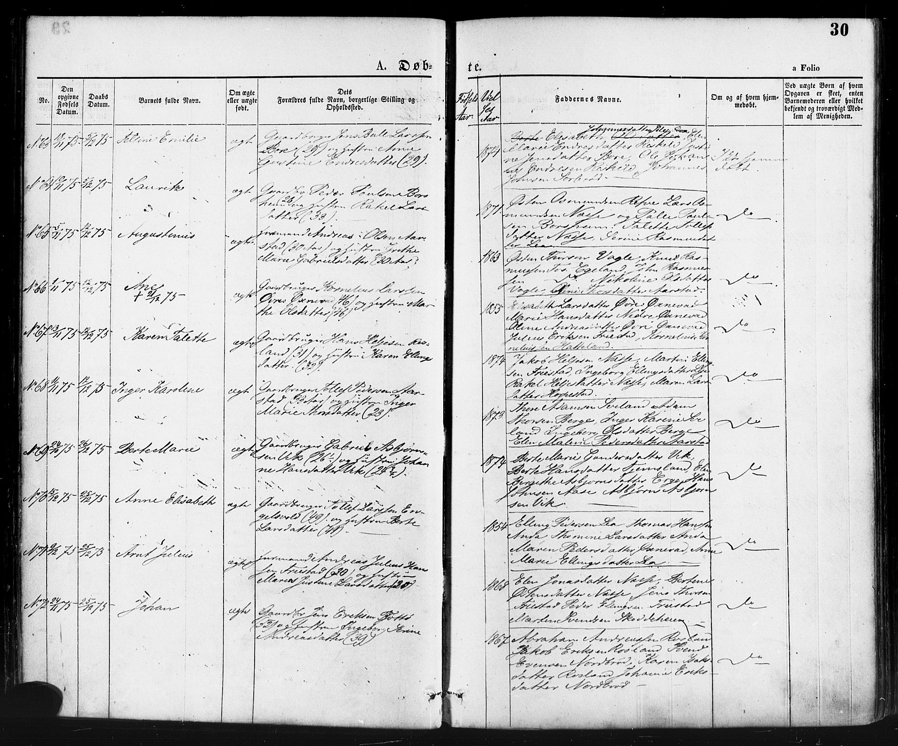 Klepp sokneprestkontor, AV/SAST-A-101803/001/3/30BA/L0006: Parish register (official) no. A 6, 1871-1885, p. 30