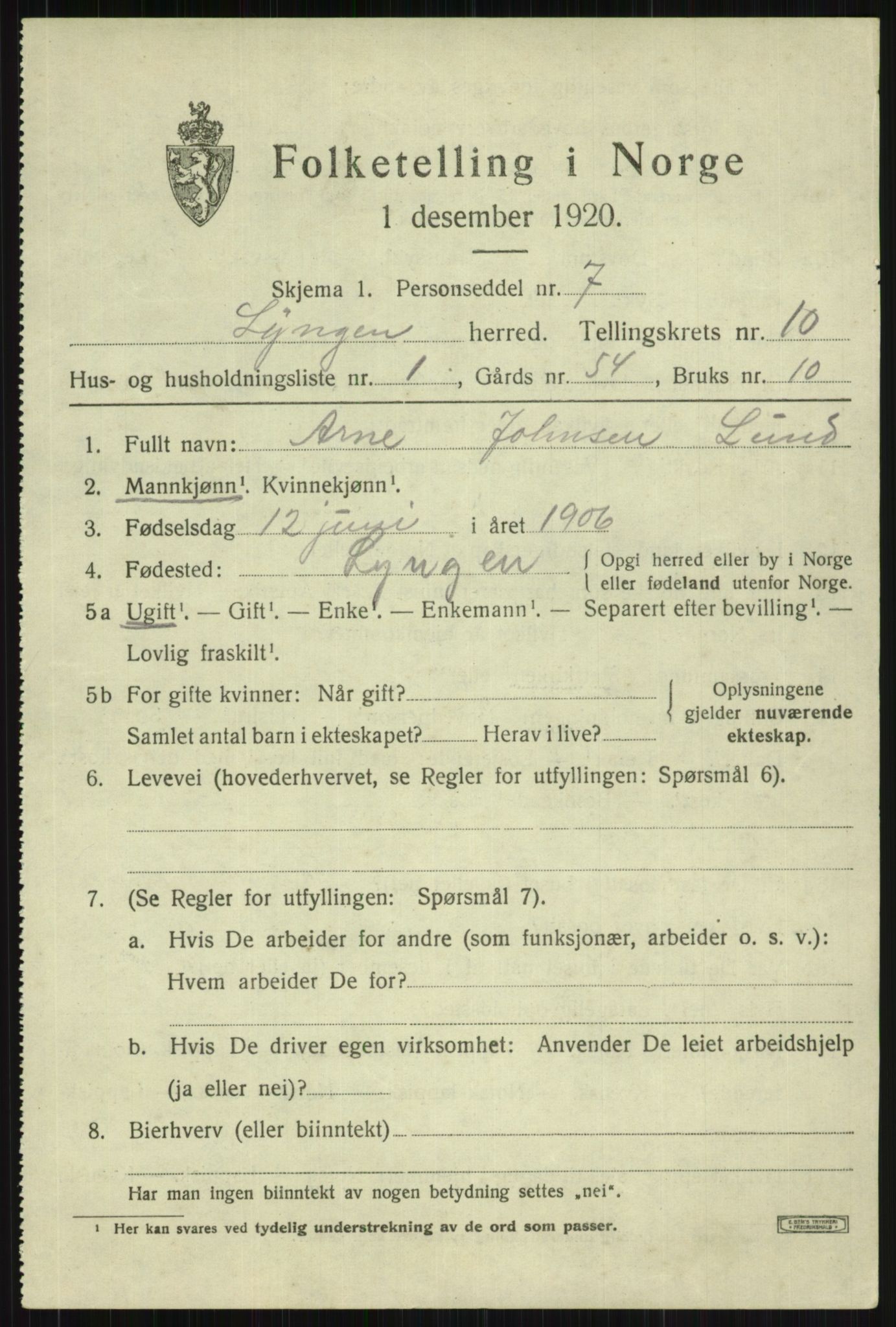 SATØ, 1920 census for Lyngen, 1920, p. 8109