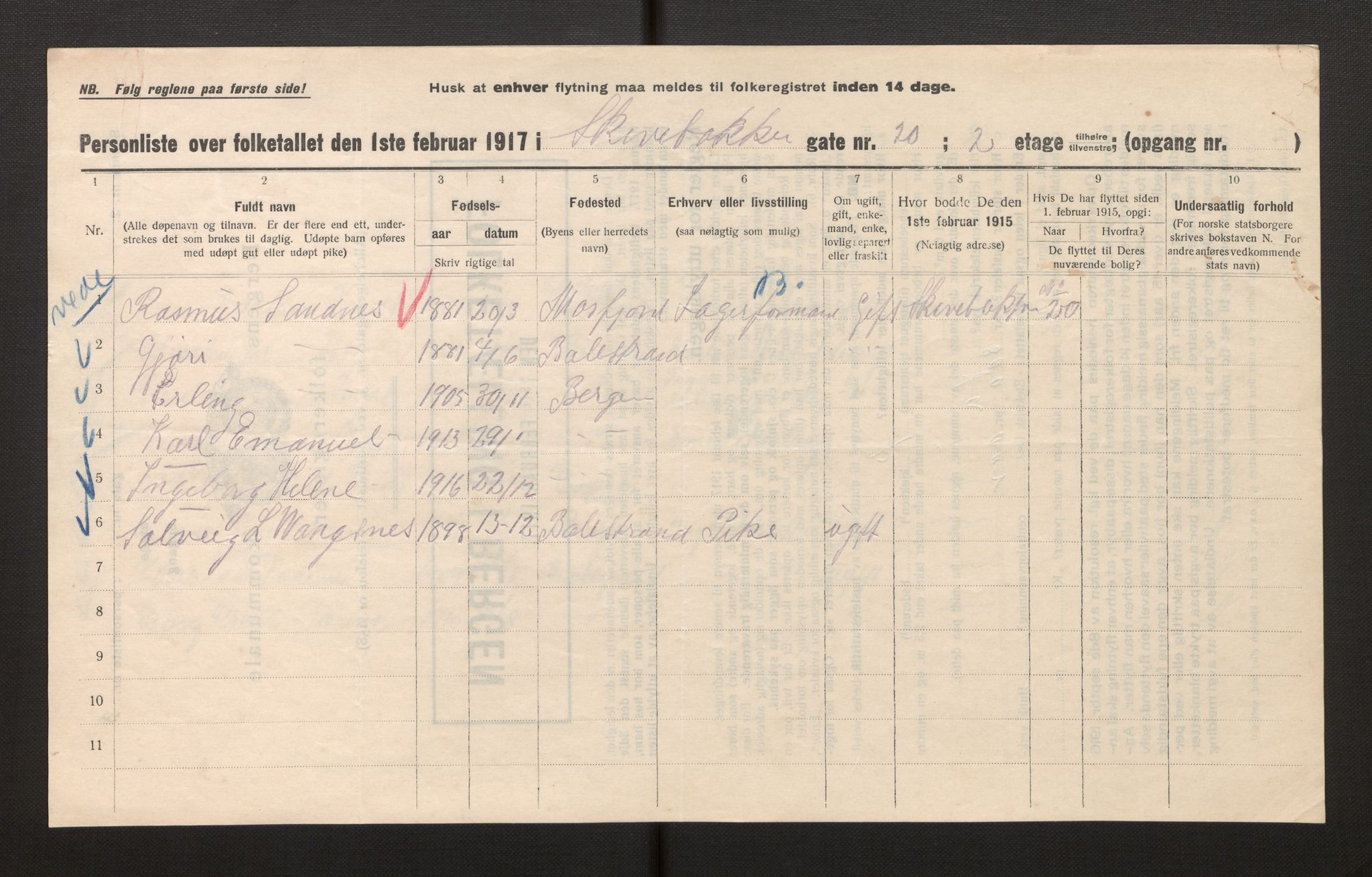 SAB, Municipal Census 1917 for Bergen, 1917, p. 34749