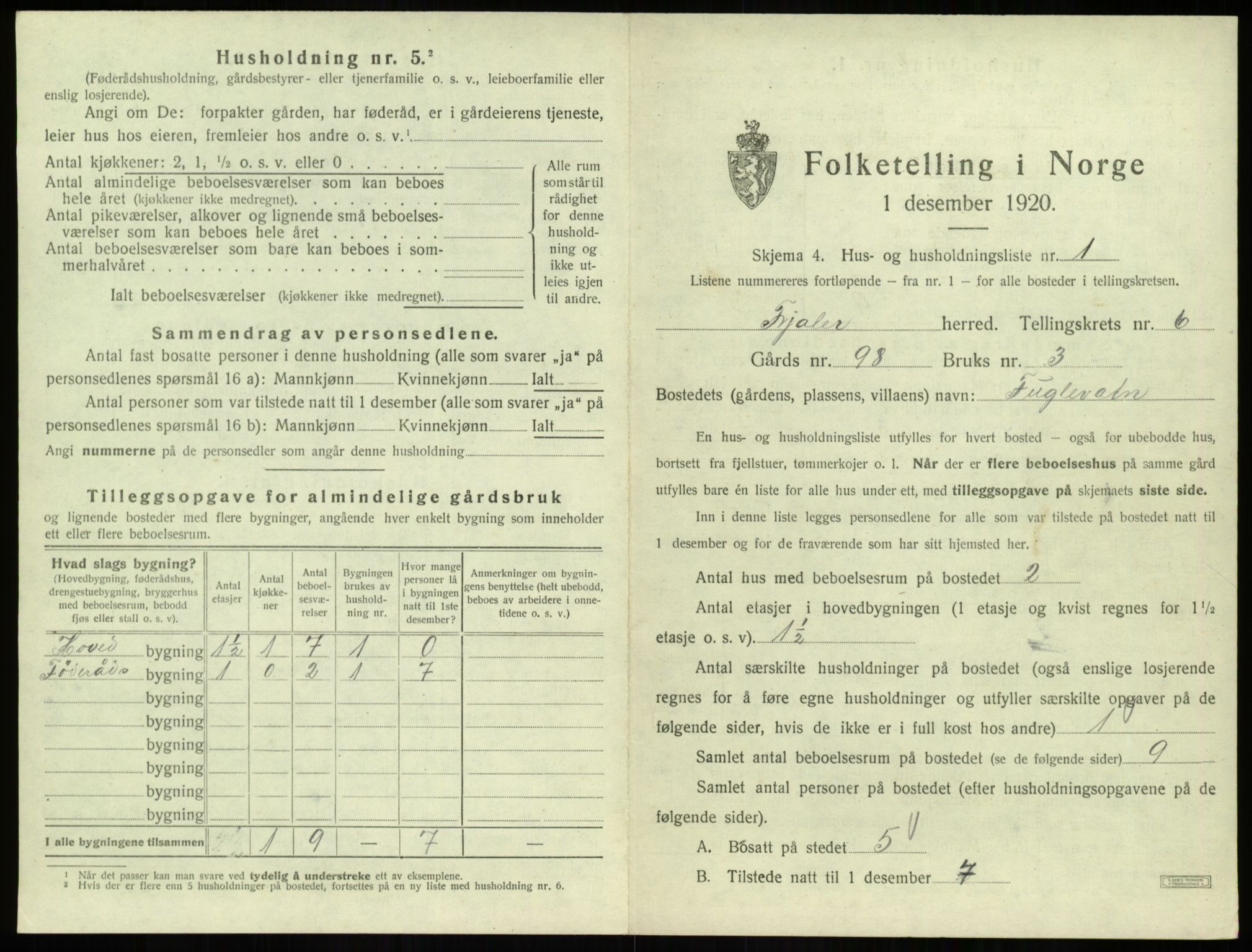 SAB, 1920 census for Fjaler, 1920, p. 495