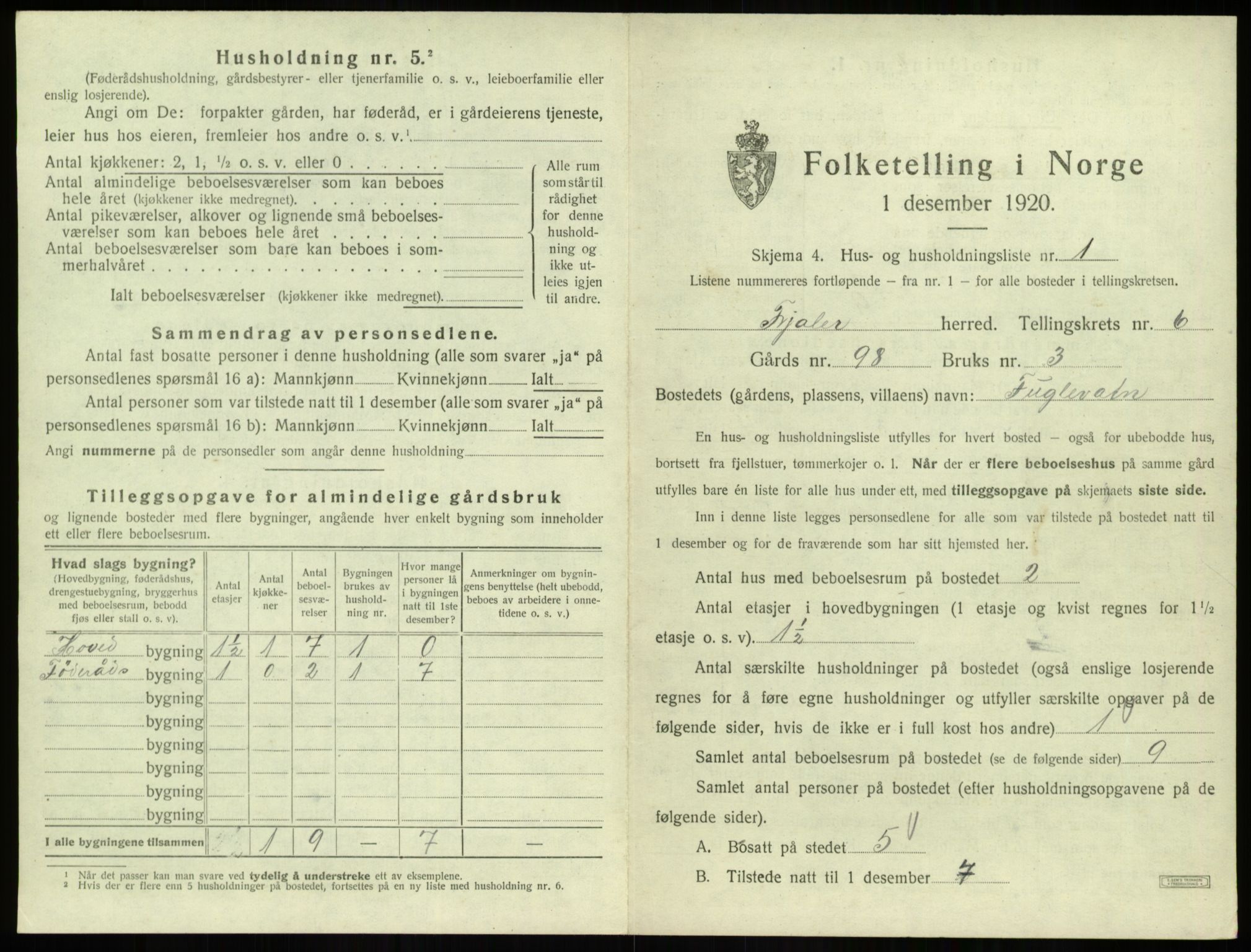 SAB, 1920 census for Fjaler, 1920, p. 495
