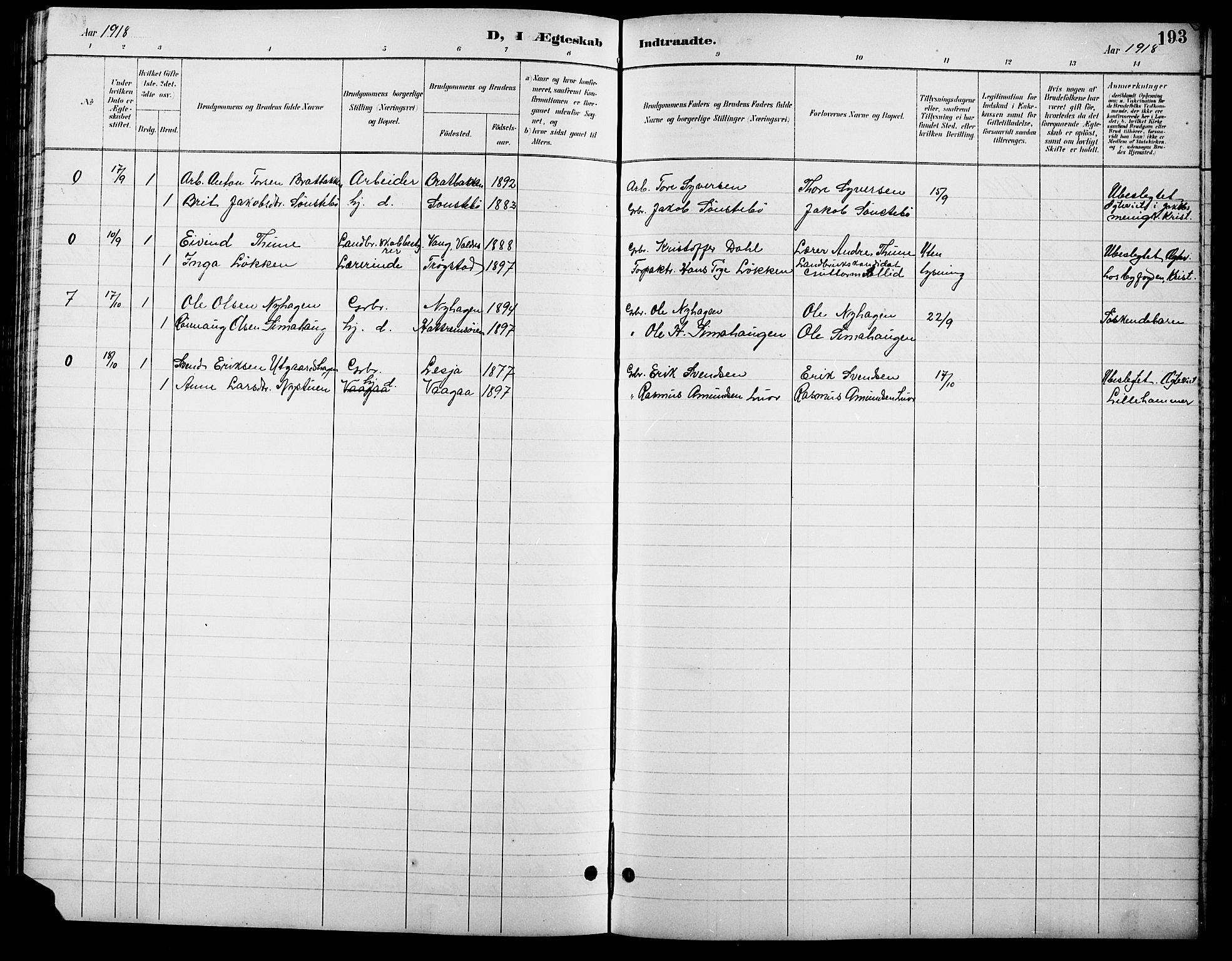Lesja prestekontor, SAH/PREST-068/H/Ha/Hab/L0007: Parish register (copy) no. 7, 1895-1919, p. 193