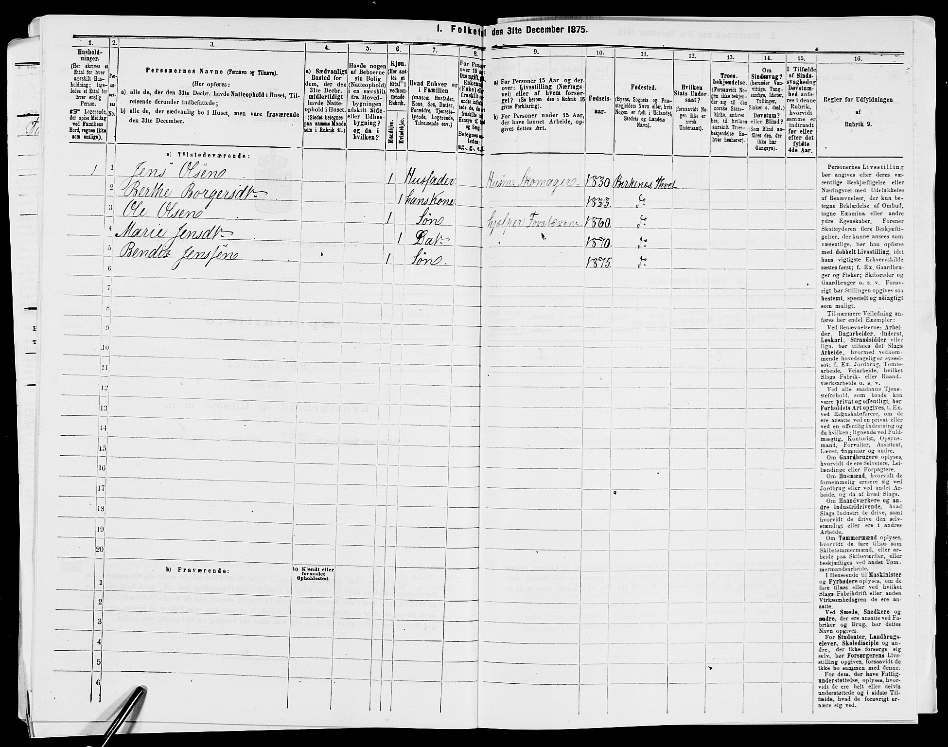 SAK, 1875 census for 1013P Tveit, 1875, p. 1095